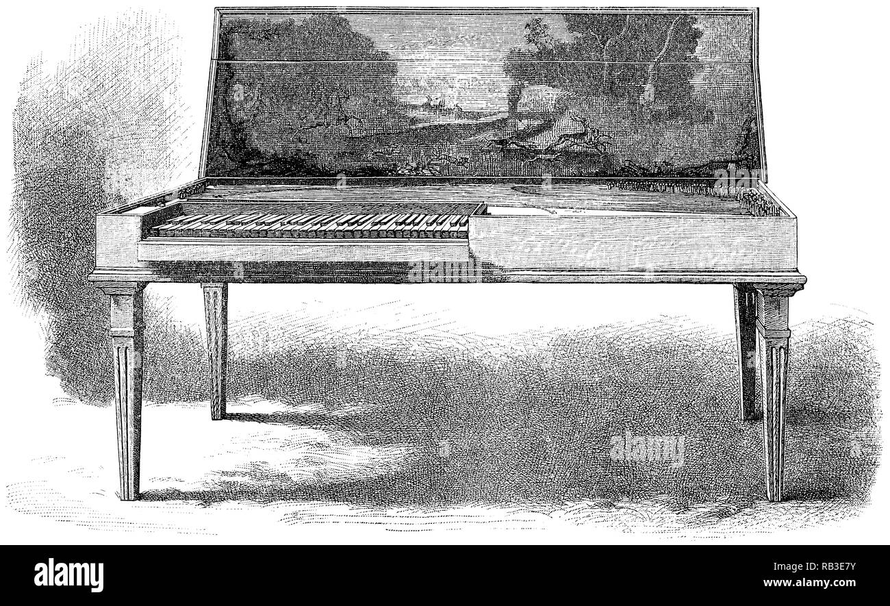 1884 engraving of a green clavichord built by Barthold Fritz of Brunswick in 1751. Currently in storage at the Victoria and Albert Museum, London. Stock Photo