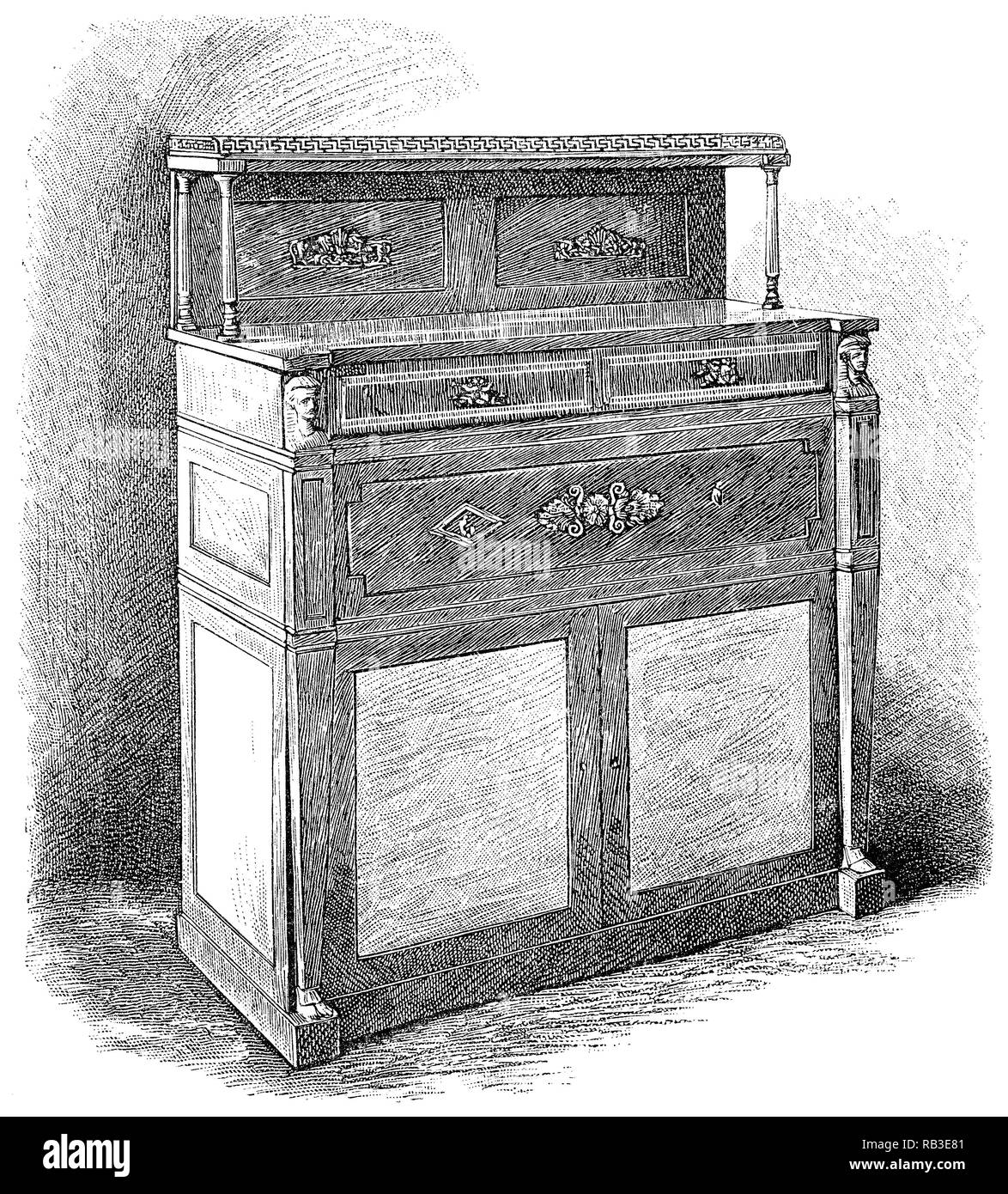 1884 engraving of an upright piano invented by John Isaac Hawkins in 1800. Stock Photo