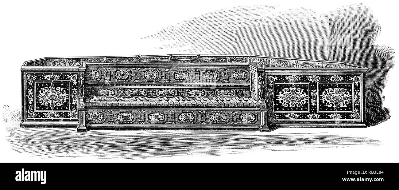 1884 engraving of a virginal made by Annibale Rossi in Milan in 1577. Currently in the collection of the Victoria and Albert Museum, London. Stock Photo