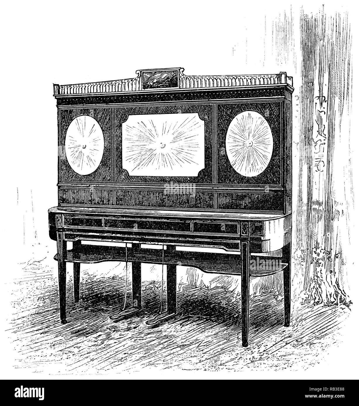 1884 engraving of an upright square piano made by William Southwell in 1798. Stock Photo