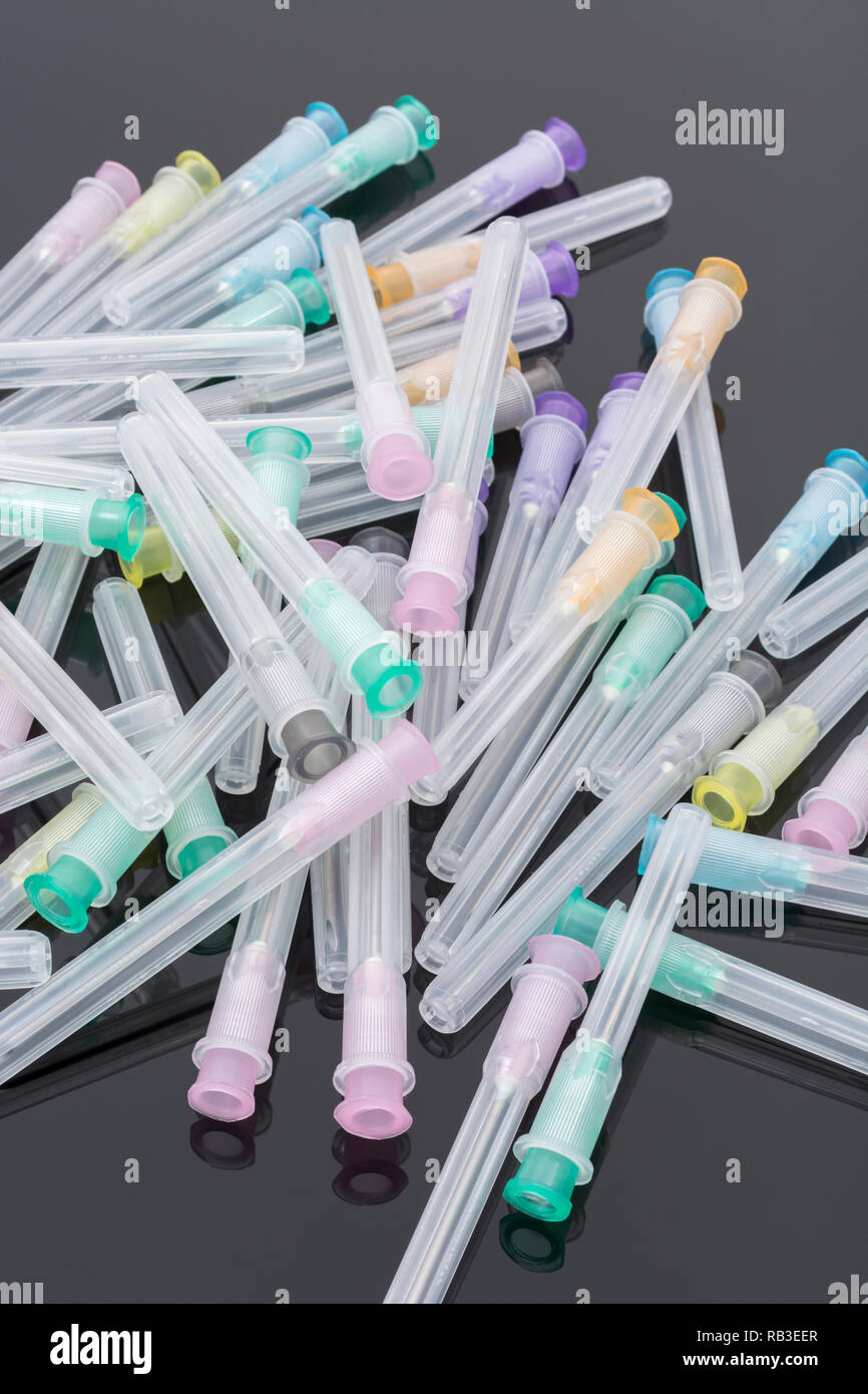 Closeup of hypodermic needles. Specifically BD Microlance brand (see