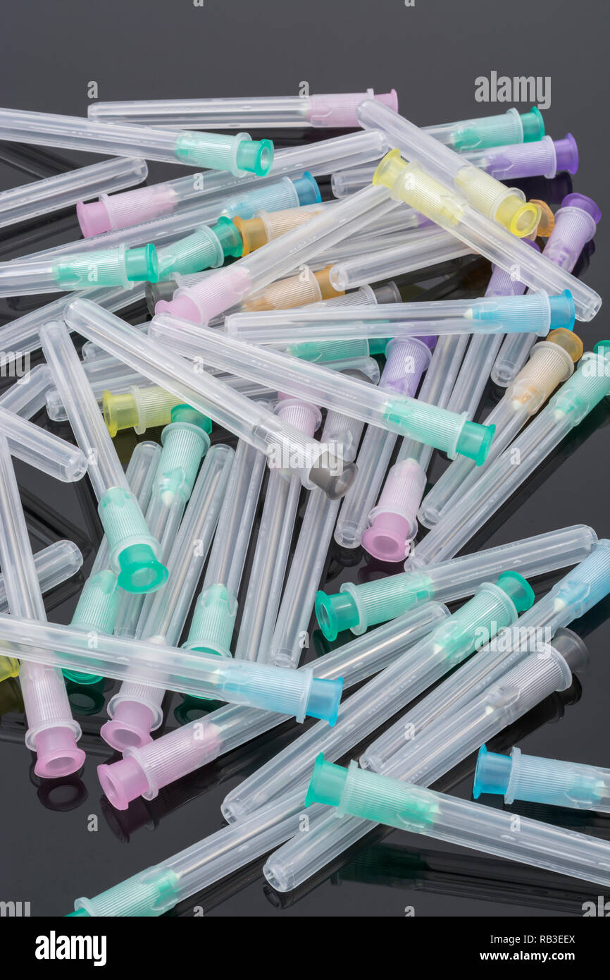 Closeup of hypodermic needles. Specifically BD Microlance brand (see