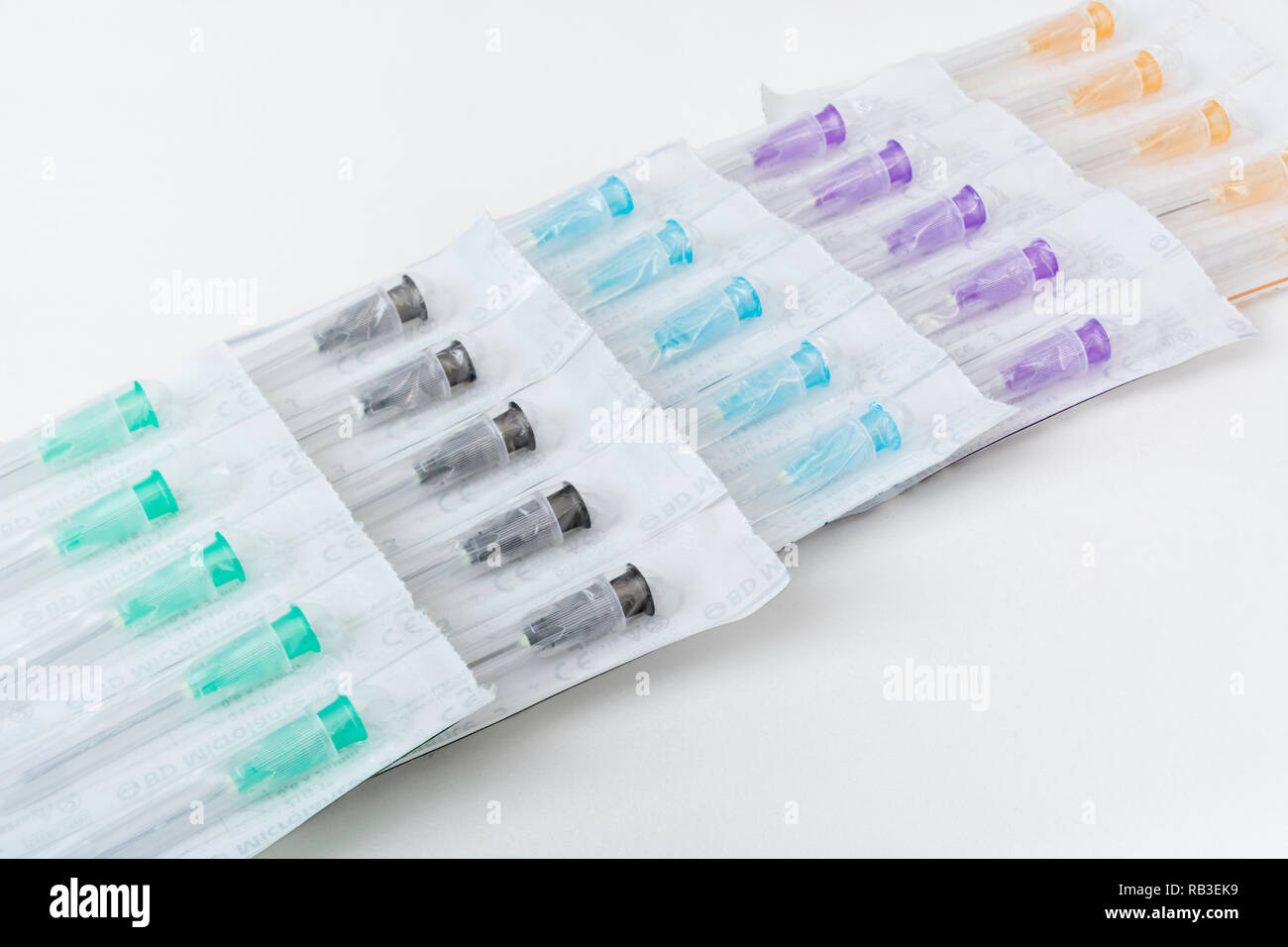 Closeup of hypodermic needles. Specifically BD Microlance brand (Add