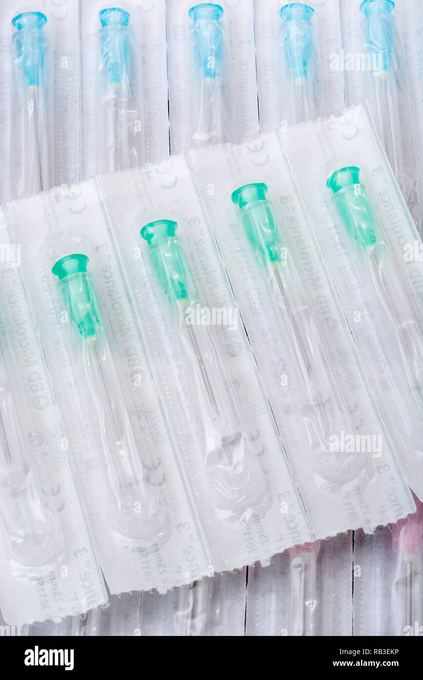 Close-up of hypodermic needles. Specifically BD Microlance brand (Add. Info for types). Metaphor NHS, inoculation, flu jab, medical supplies. Stock Photo