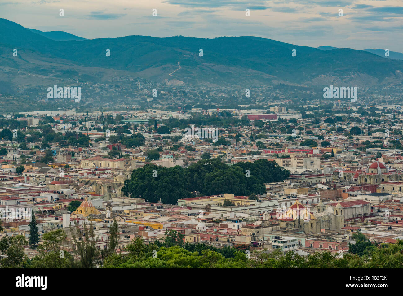 View of the center of Oaxaca city, from up above, with colorful ...