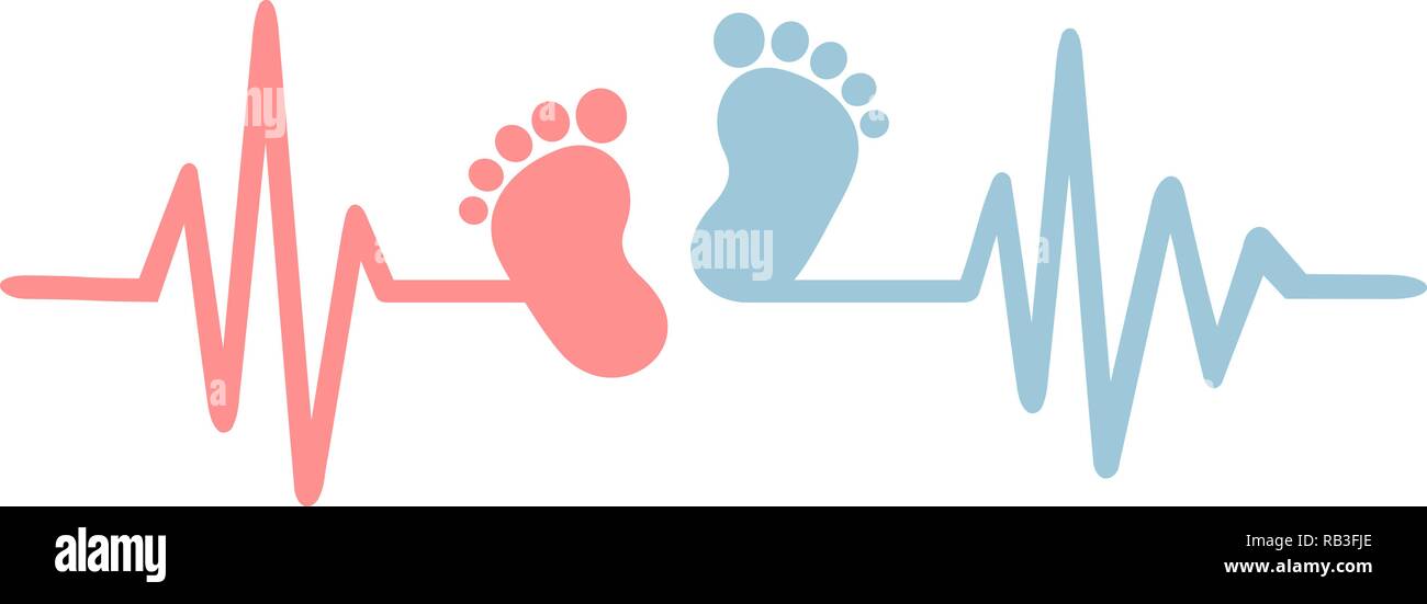 Heartbeat pulse line with baby footprints in red and blue Stock Vector