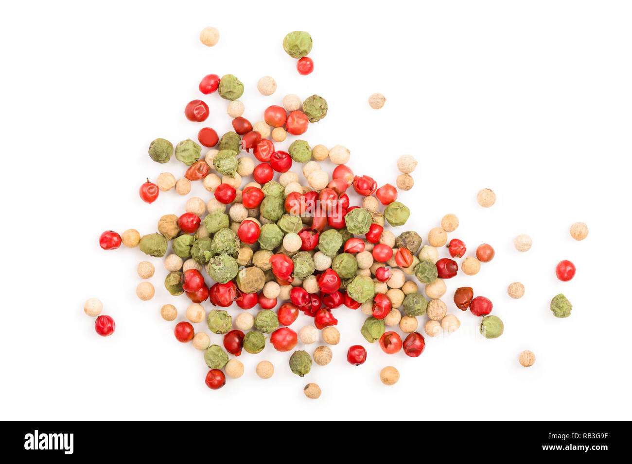 Mixed of peppercorn red white and green pepper isolated on white background. Top view Stock Photo
