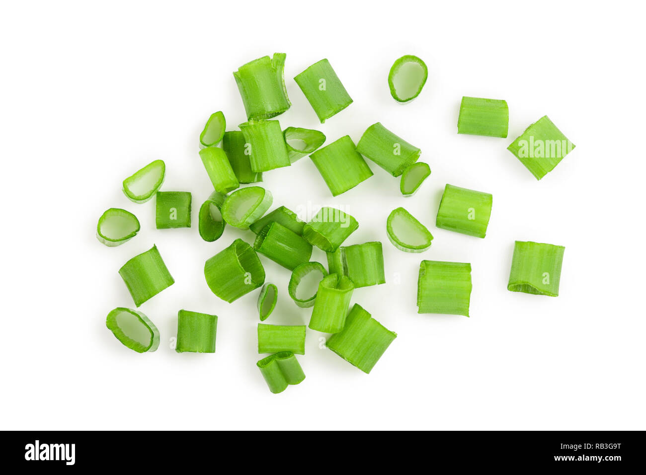 Chopped fresh green onions isolated on white background. Top view Stock ...