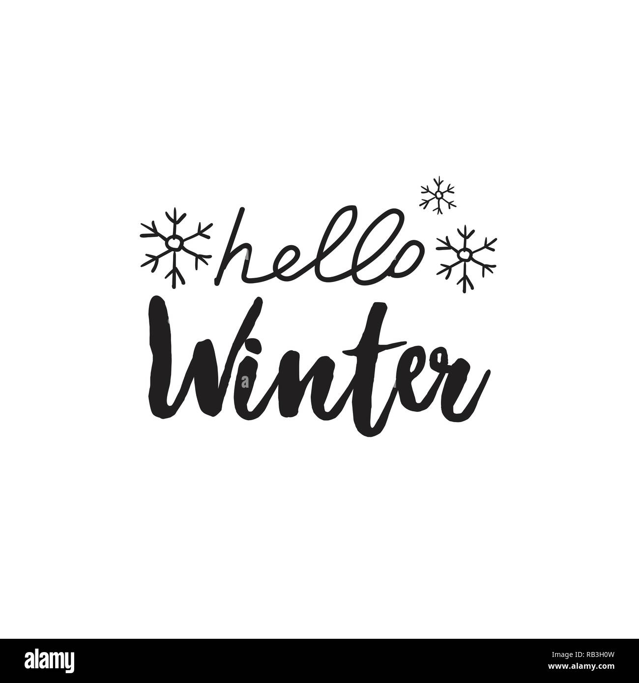 hello winter lettering greeting card design merry christmas happy new year holidays celebration template hand written poster isolated flat Stock Vector