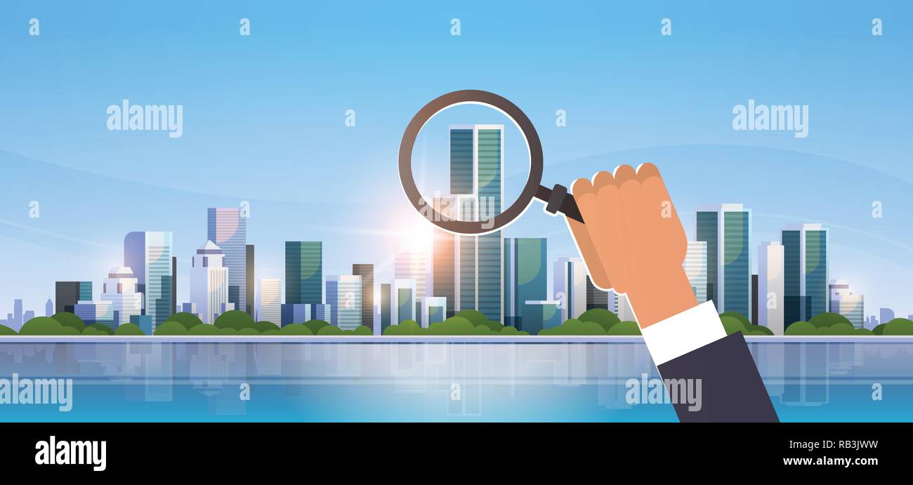 businessman hand holding magnifying glass search concept over big modern city building skyscraper cityscape background flat horizontal Stock Vector