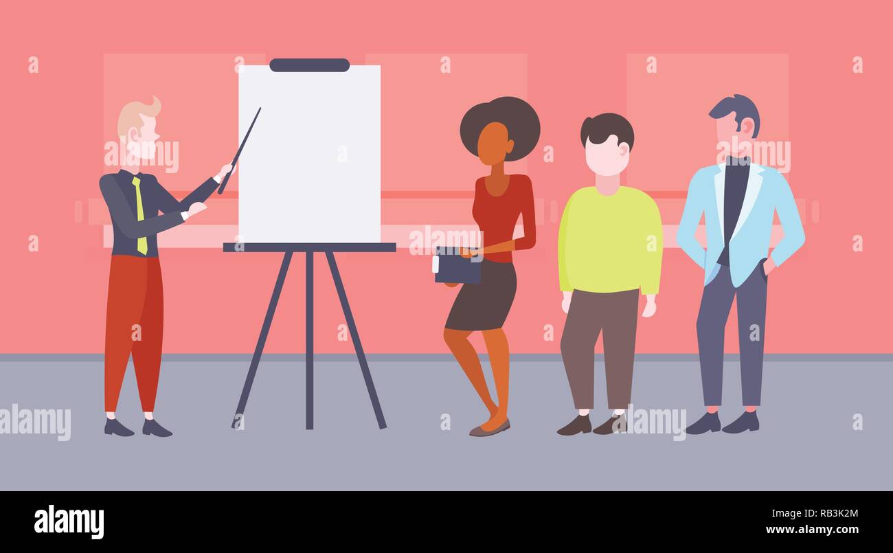 businessman pointing flip chart giving financial presentation mix race