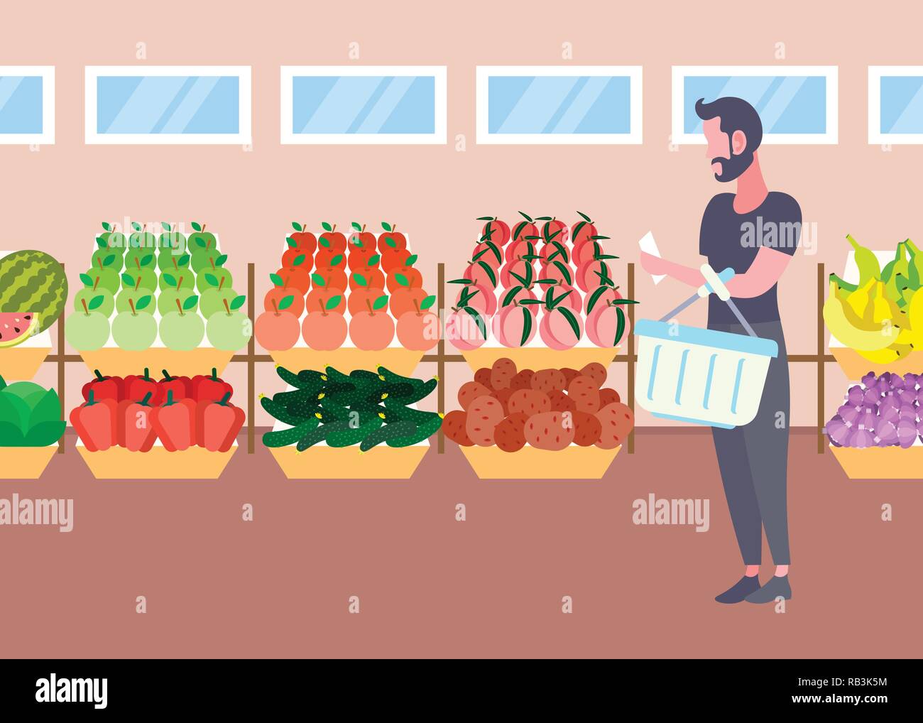 customer man with basket buying fresh organic fruits vegetables modern supermarket shopping mall interior male cartoon character full length flat horizontal Stock Vector
