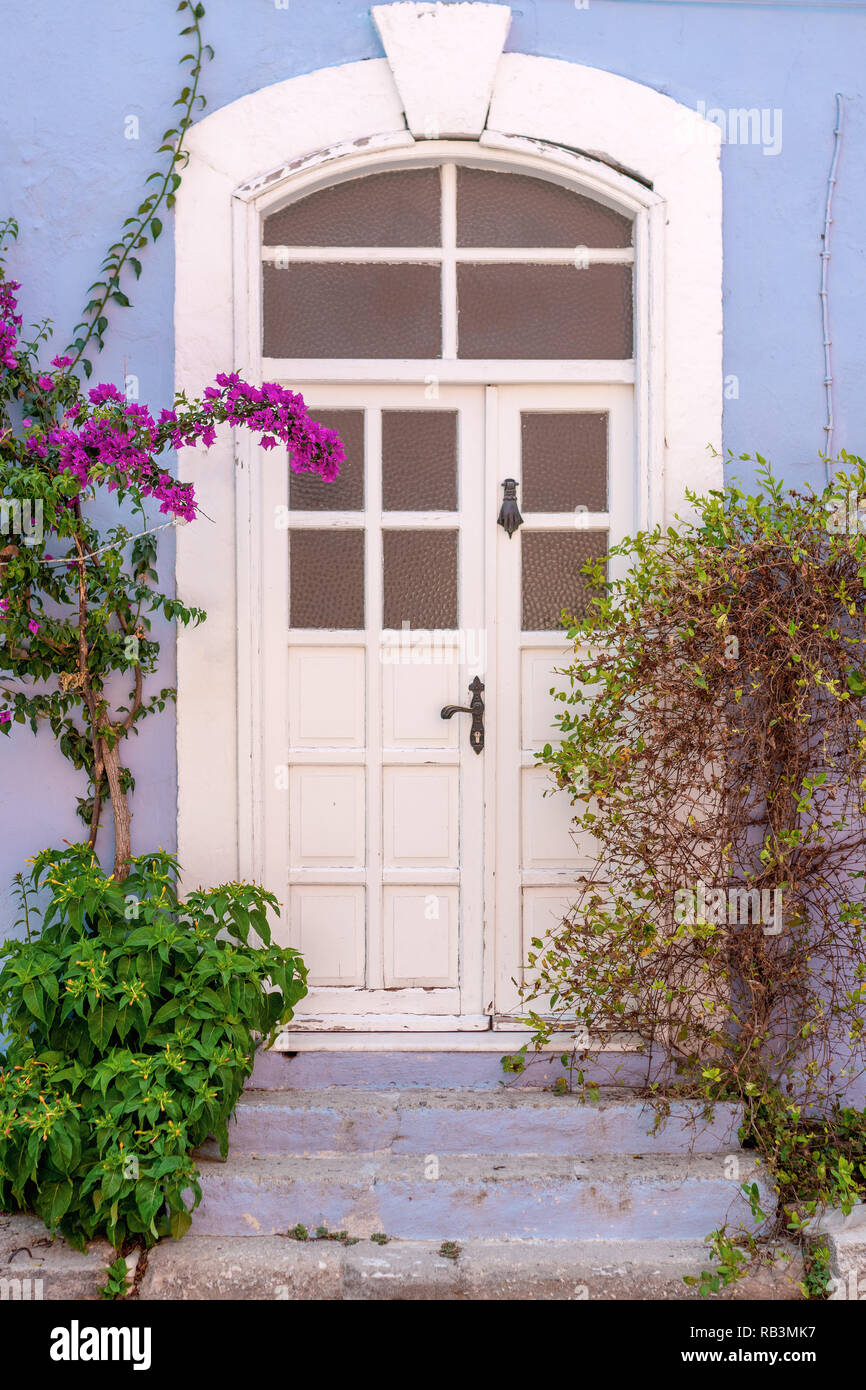 Door decorated with flower pots on a blue wall Stock Photo