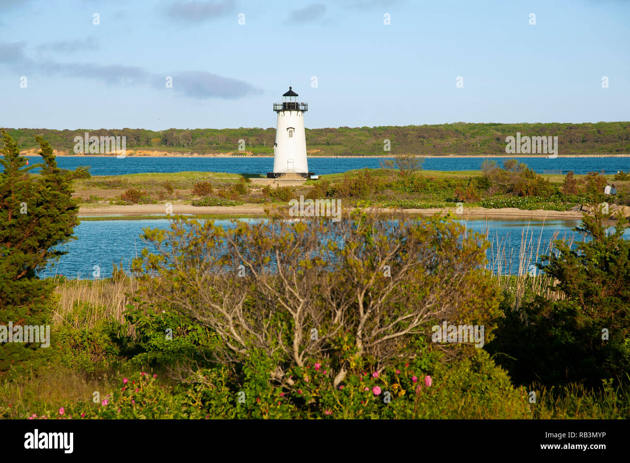 Edgartown lighthouse is a popular tourist attraction on a summer day on Martha’s Vineyard island in Massachusetts. Stock Photo