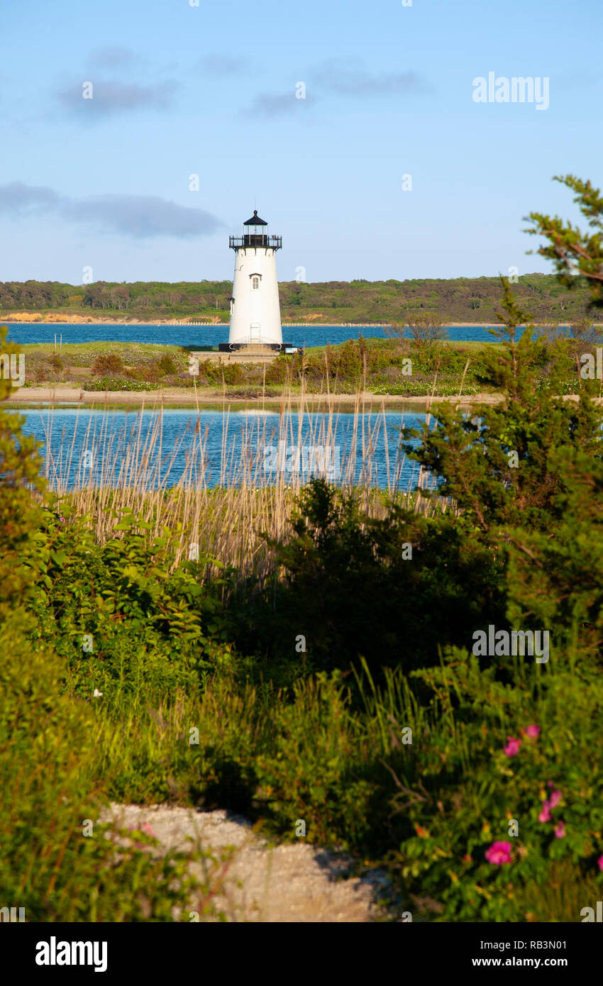Edgartown lighthouse on a warm summer day on the island of Martha’s Vineyard, a favorite tourist attraction. Stock Photo