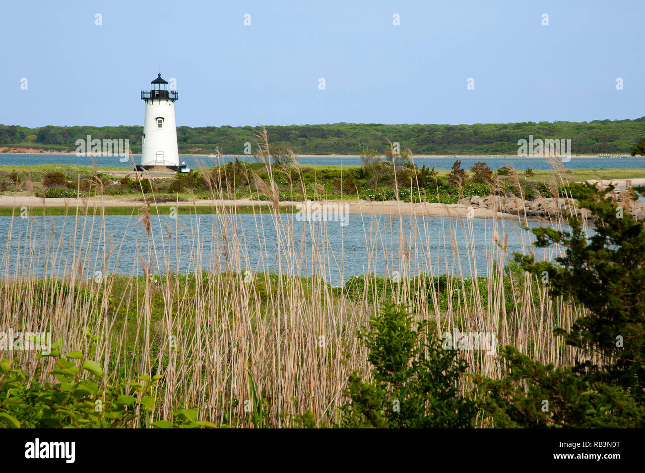 Harbor lighthouse in Edgartown on the island of Martha’s Vineyard in Masachusetts on a warm summer day in New England. Stock Photo