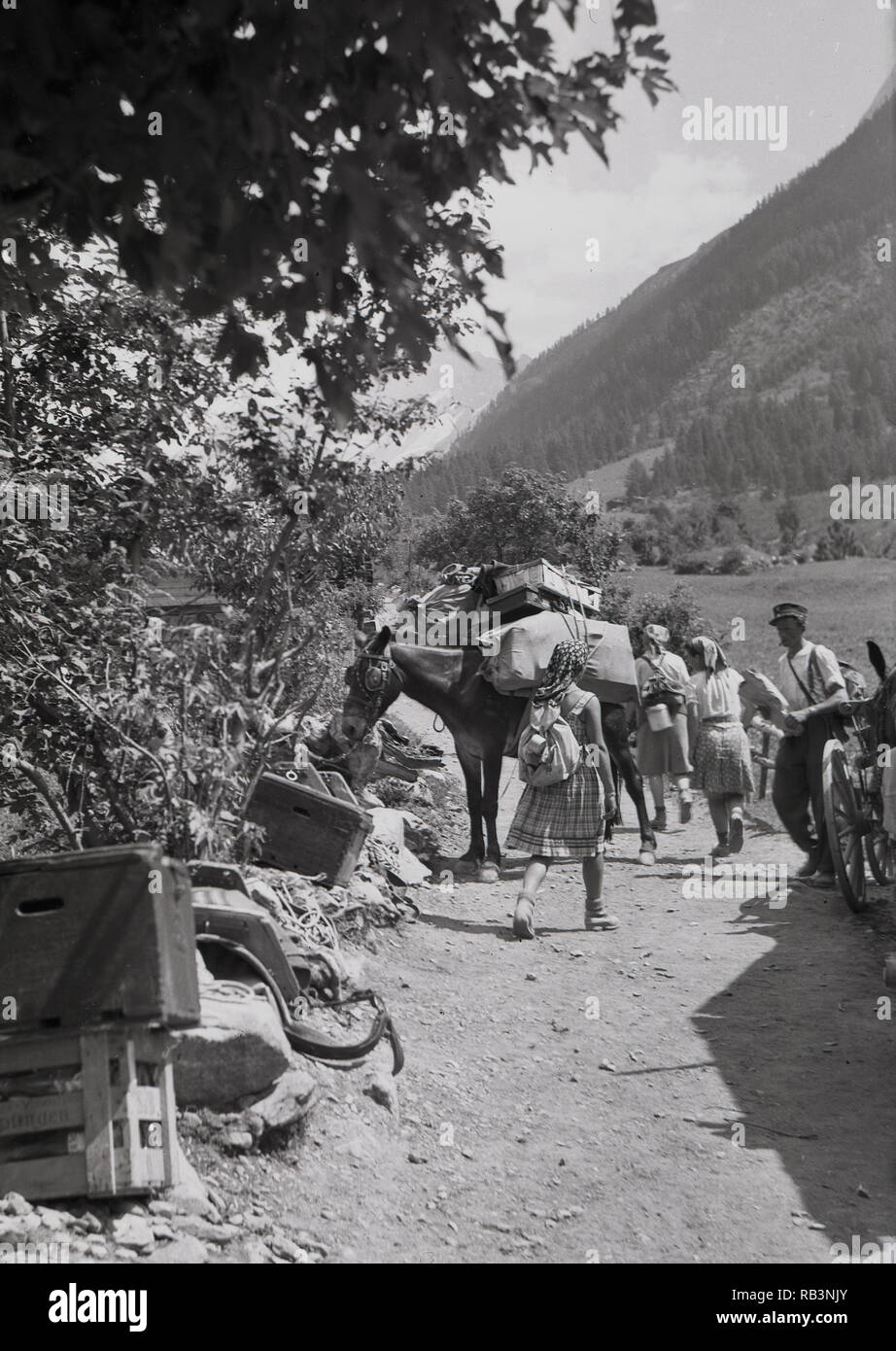 1950s, hikers walk pass a postman with a donkey who is delivering parcels on a dusty, rocky mountain track, Switzerland. Stock Photo
