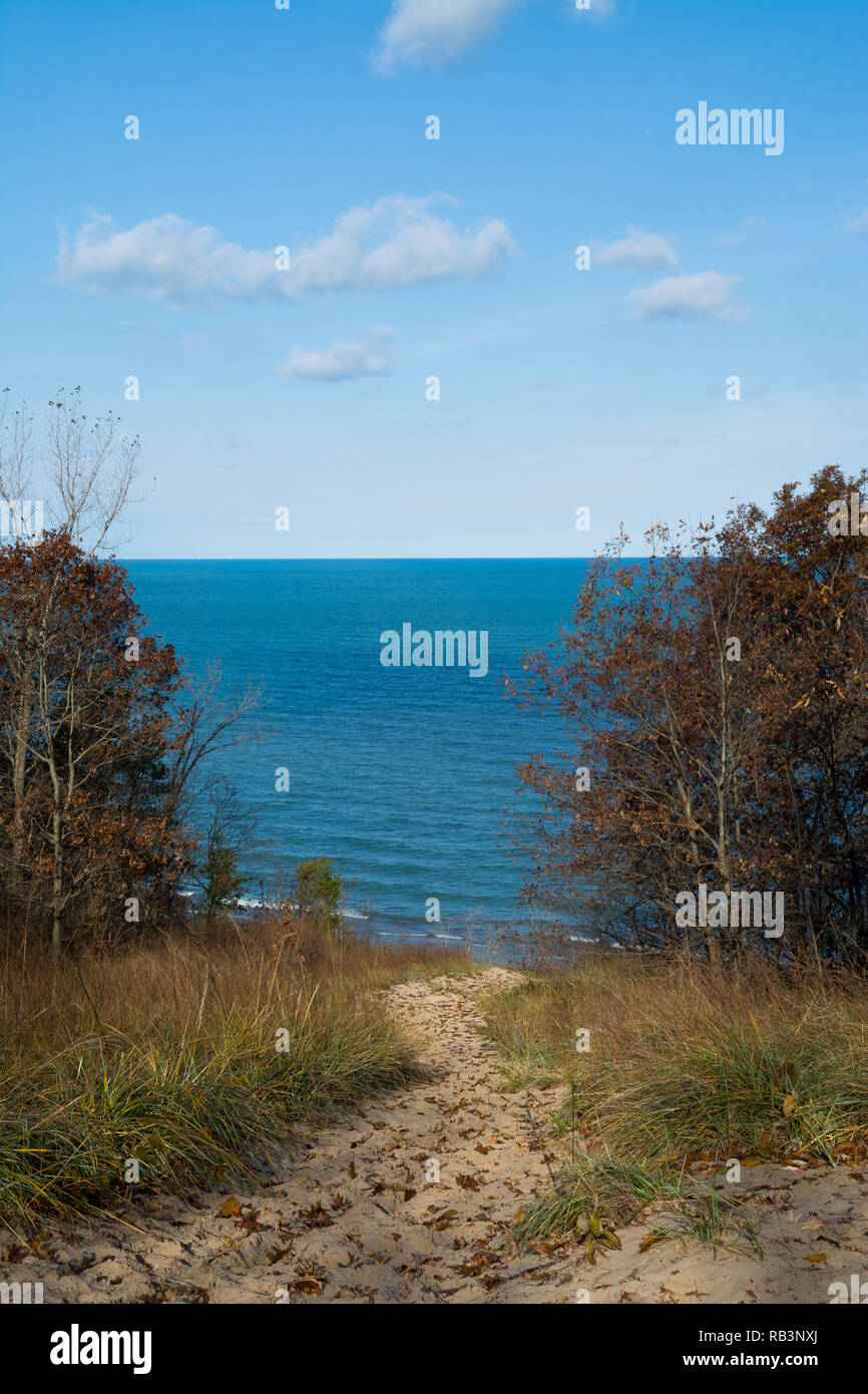 View of Lake Michigan from the sand dunes on a Autumn morning. Indiana