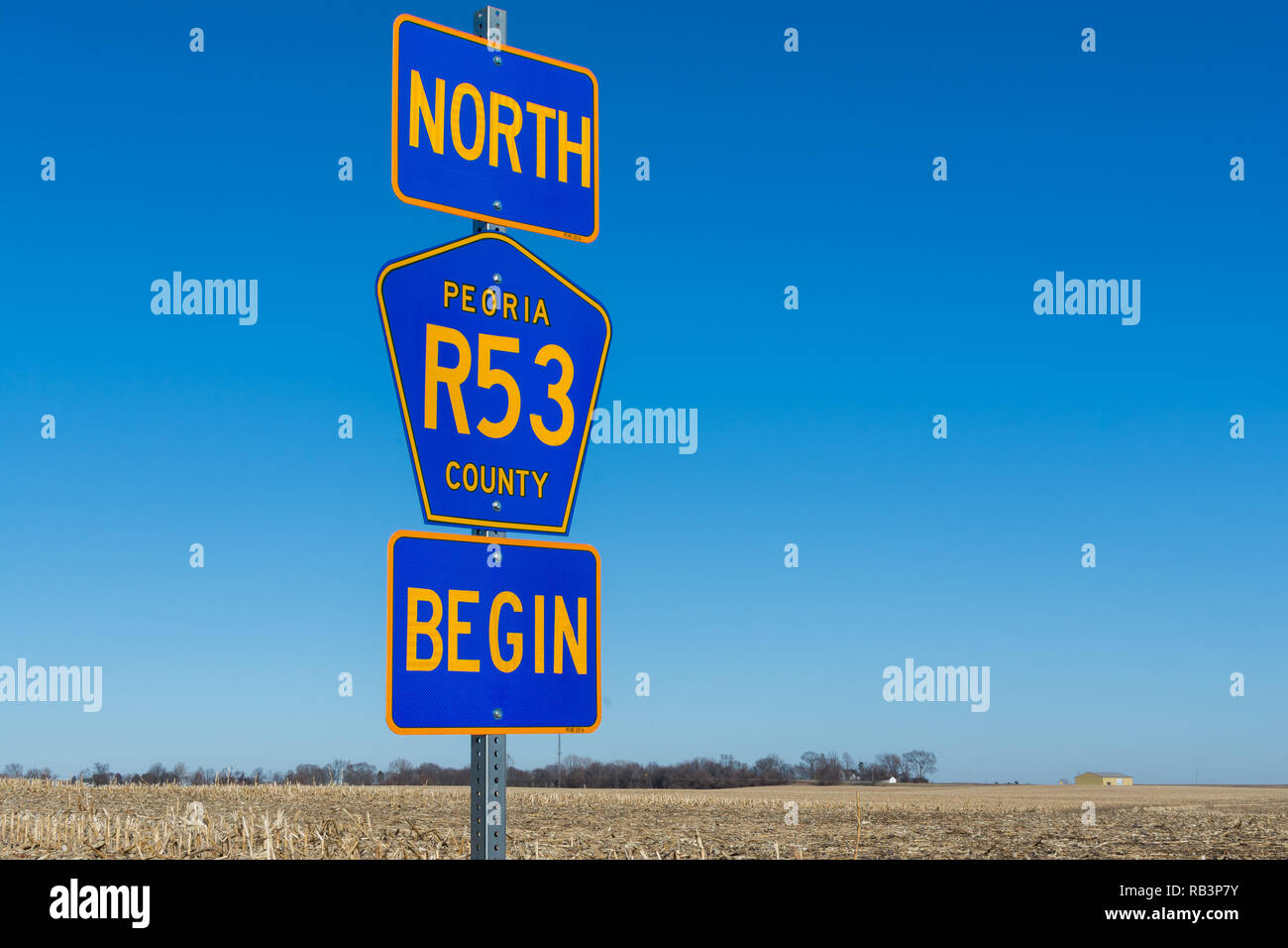 Route 53 North street sign with brilliant blue skies in the background. Stock Photo