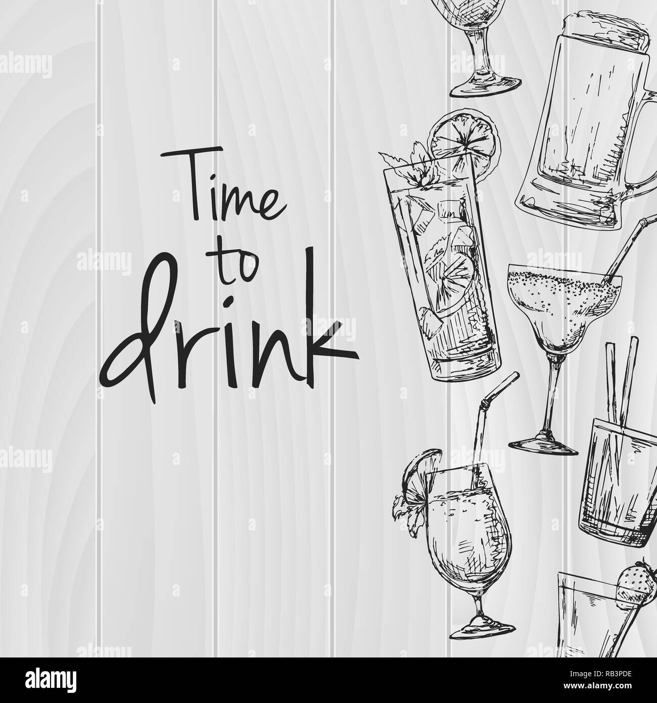 Wooden background with different cocktails. Caption: time to drink ...