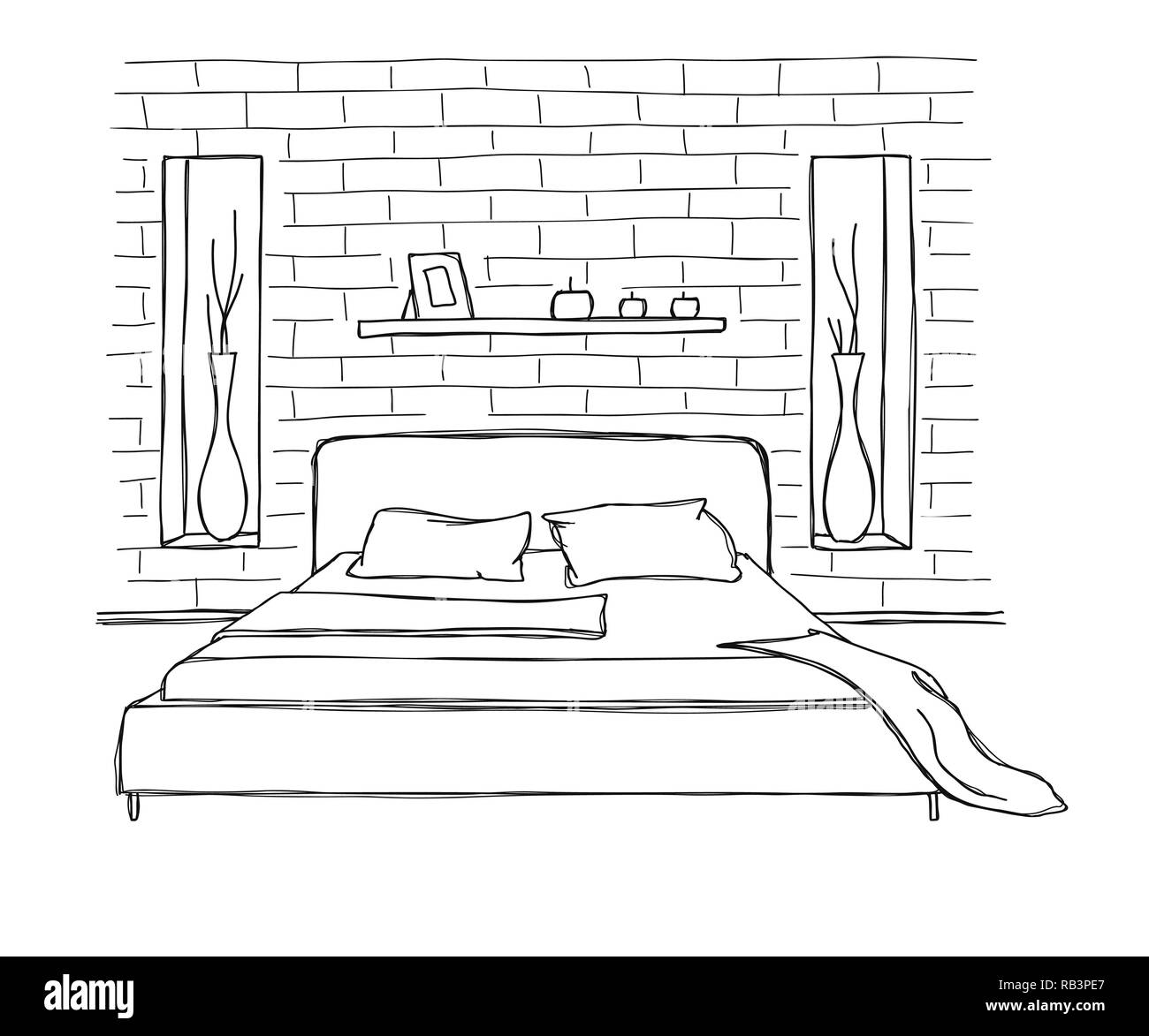 Line Sketch Bedrooms Vector Illustration Room Plan Stock