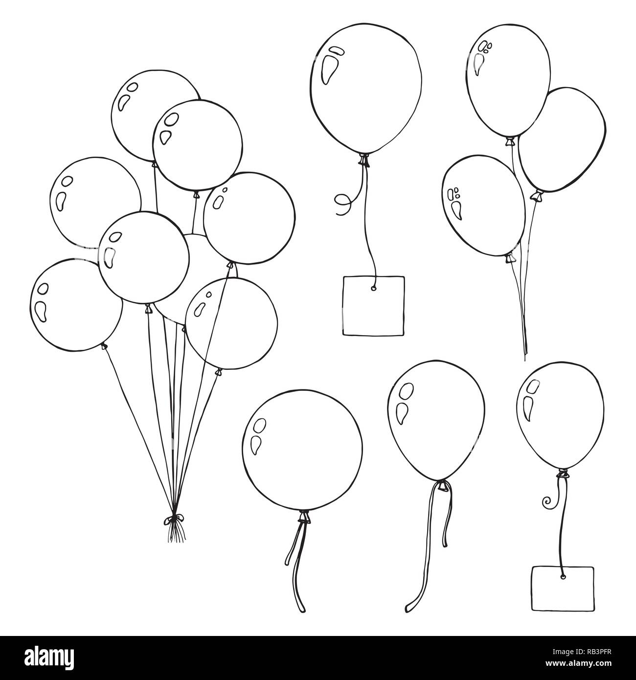 Set of different balloons. Inflatable balls on a string. Inflatable
