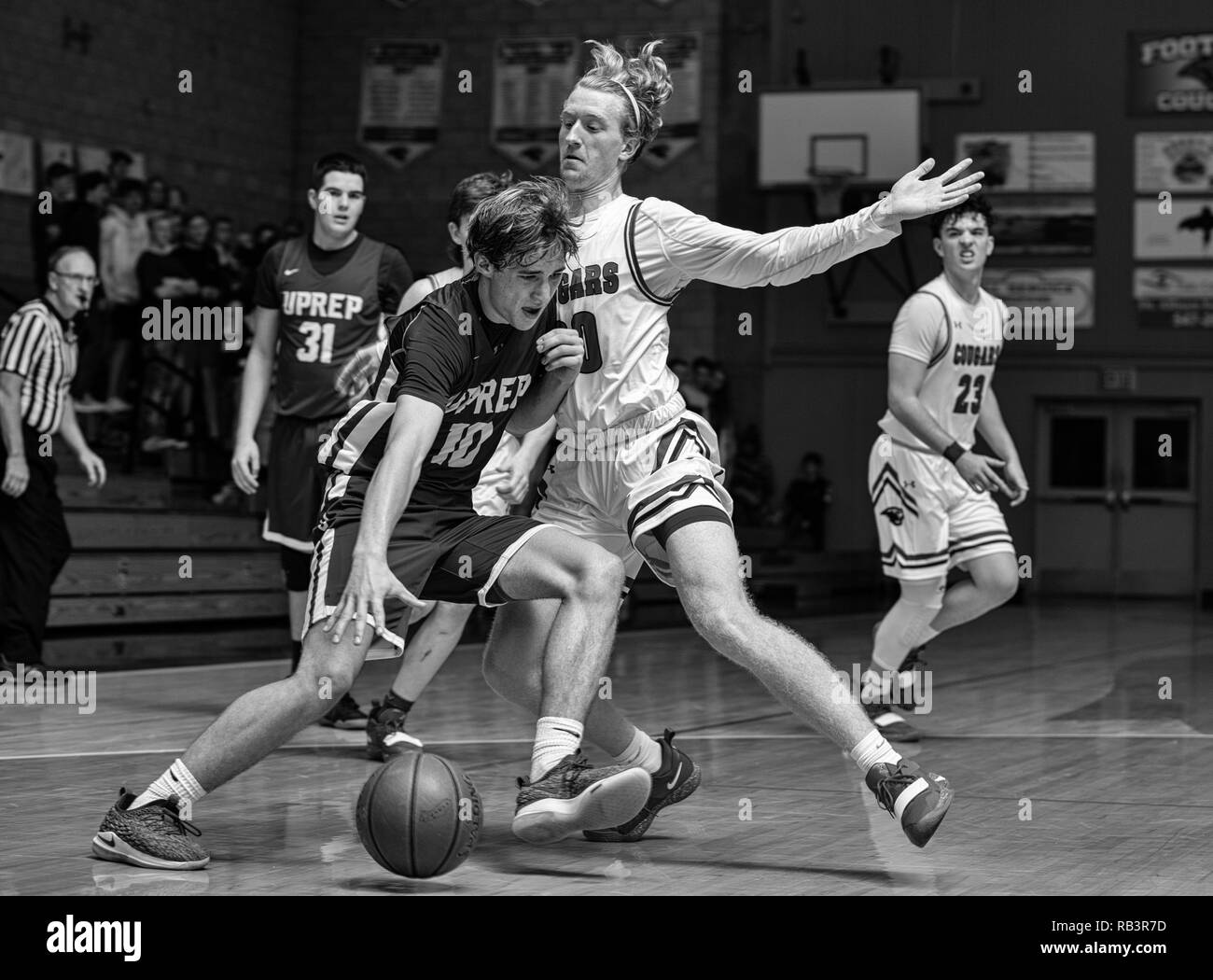 Basketball action with Foothill High School vs. University Prep in Palo Cedro, California. Stock Photo
