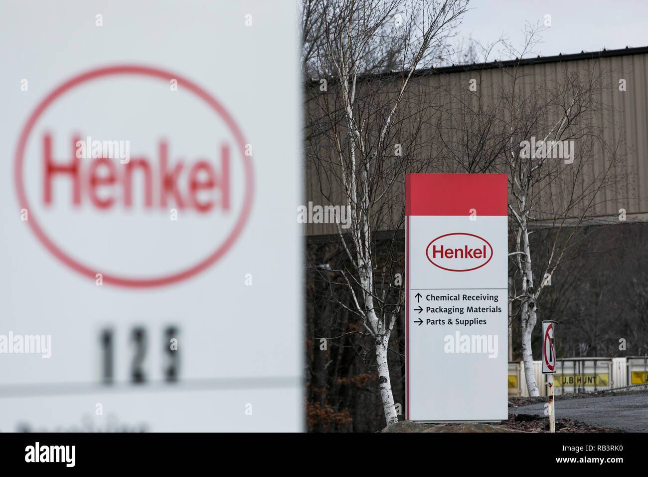 A logo sign outside of a facility occupied by Henkel in Hazleton