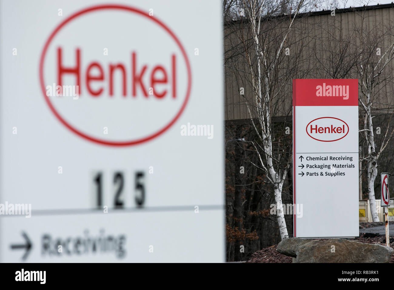 A logo sign outside of a facility occupied by Henkel in Hazleton