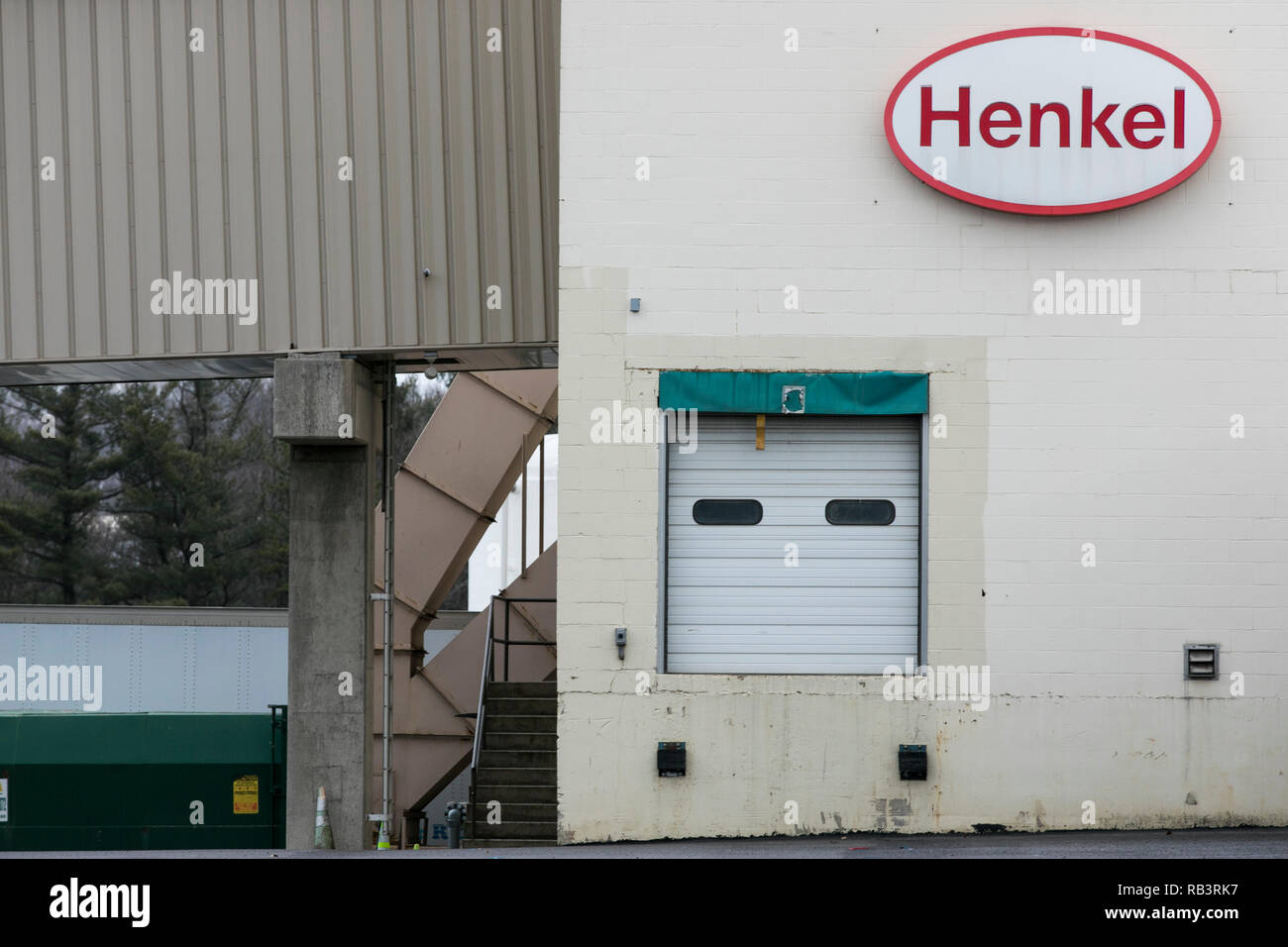 A logo sign outside of a facility occupied by Henkel in Hazleton