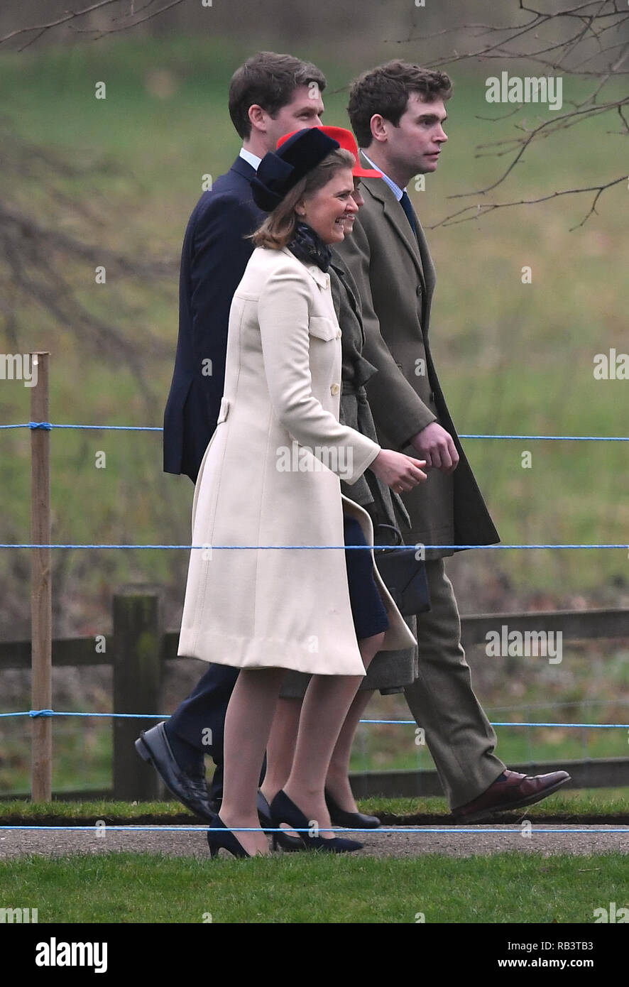 Lady Laura Meade, godmother to Prince Louis, and her husband James Meade (right) arrive for a church service with the Duke and Duchess of Cambridge at St Mary Magdalene Church in Sandringham, Norfolk. Stock Photo