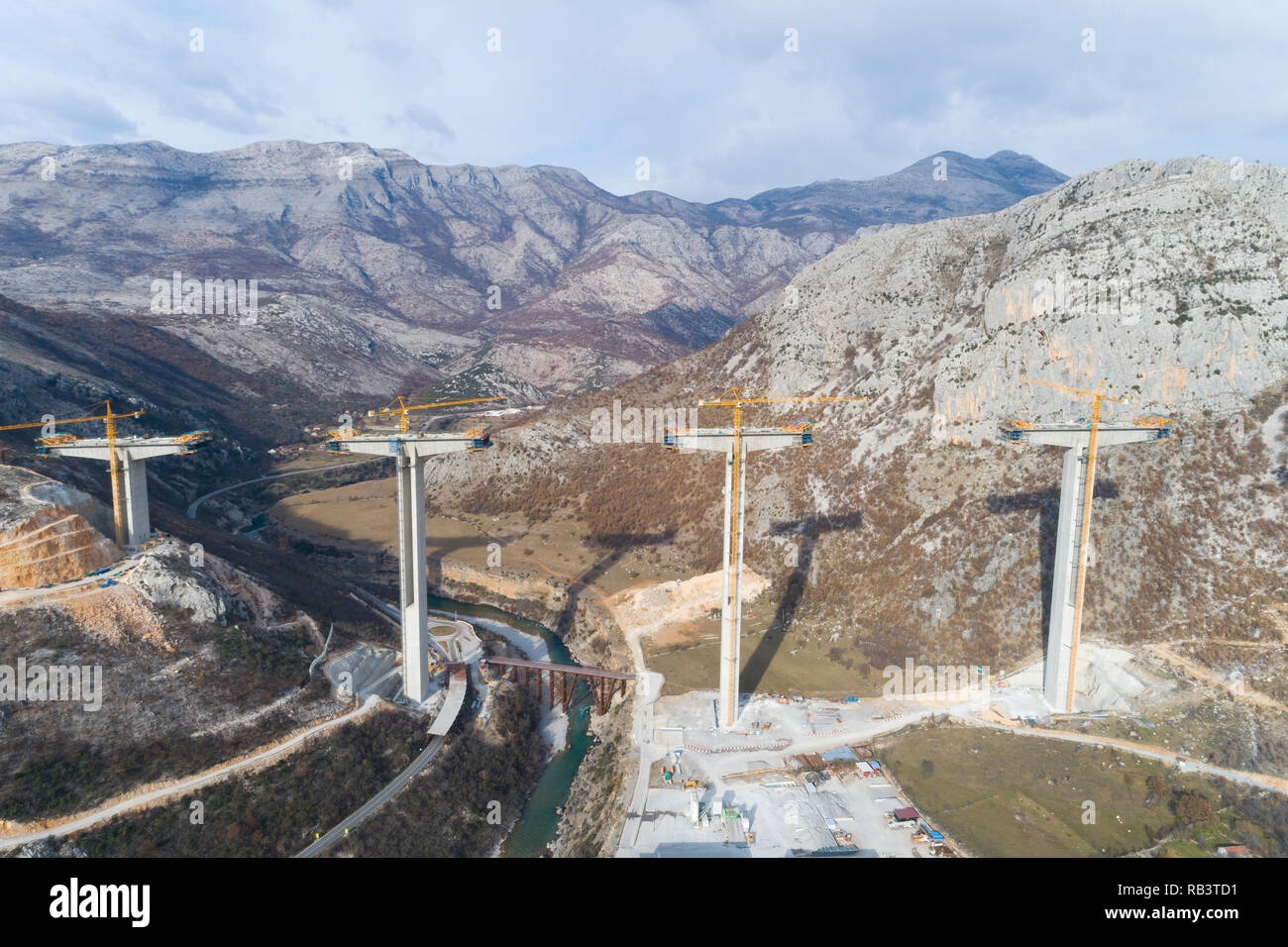 Construction of bridge of a new highway through the Moraca canyon in Montenegro Stock Photo