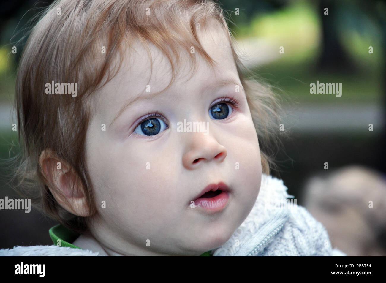Cute Baby With Wide Open Blue Eyes Portrait On The Blurred Background Stock Photo Alamy