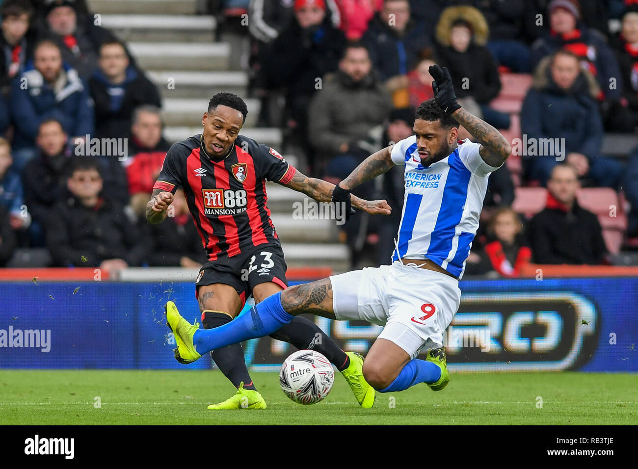 5th January 2019, Dean Court, Bournemouth, England; The Emirates FA Cup, 3rd Round, Bournemouth vs Brighton ; Jürgen Locadia (09) of Brighton slide tackles Nathan Clyne (23) of bournemouth  Credit: Phil Westlake/News Images   English Football League images are subject to DataCo Licence Stock Photo