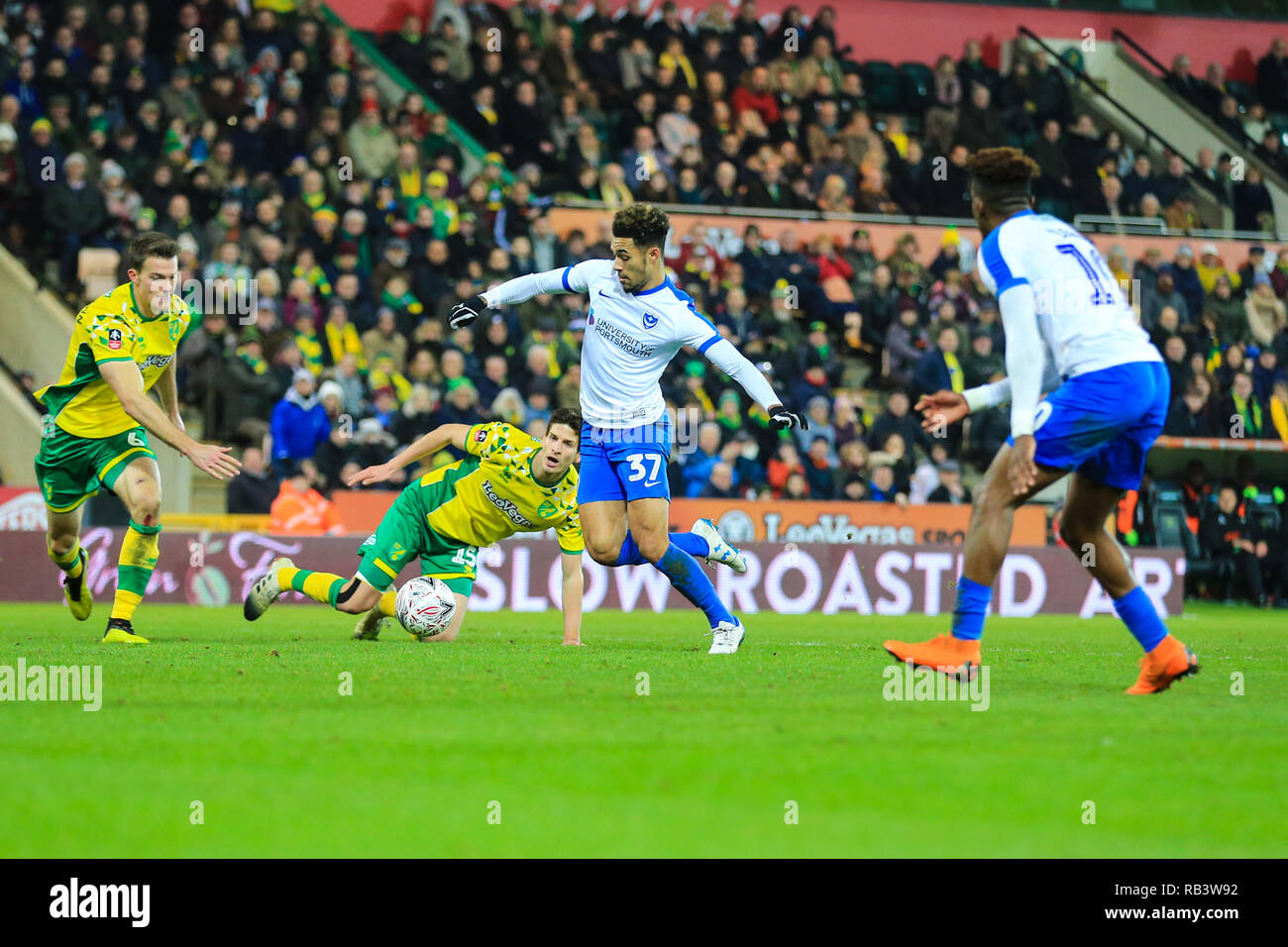 5th January 2019, Carrow Road, Norfolk, England; The Emirates FA Cup, 3rd Round, Norwich City vs Portsmouth ; André Green (37) of Portsmouth enters the box ahead of scoring the winning goal to make it 0-1.   Credit: Georgie Kerr/News Images  English Football League images are subject to DataCo Licence Stock Photo