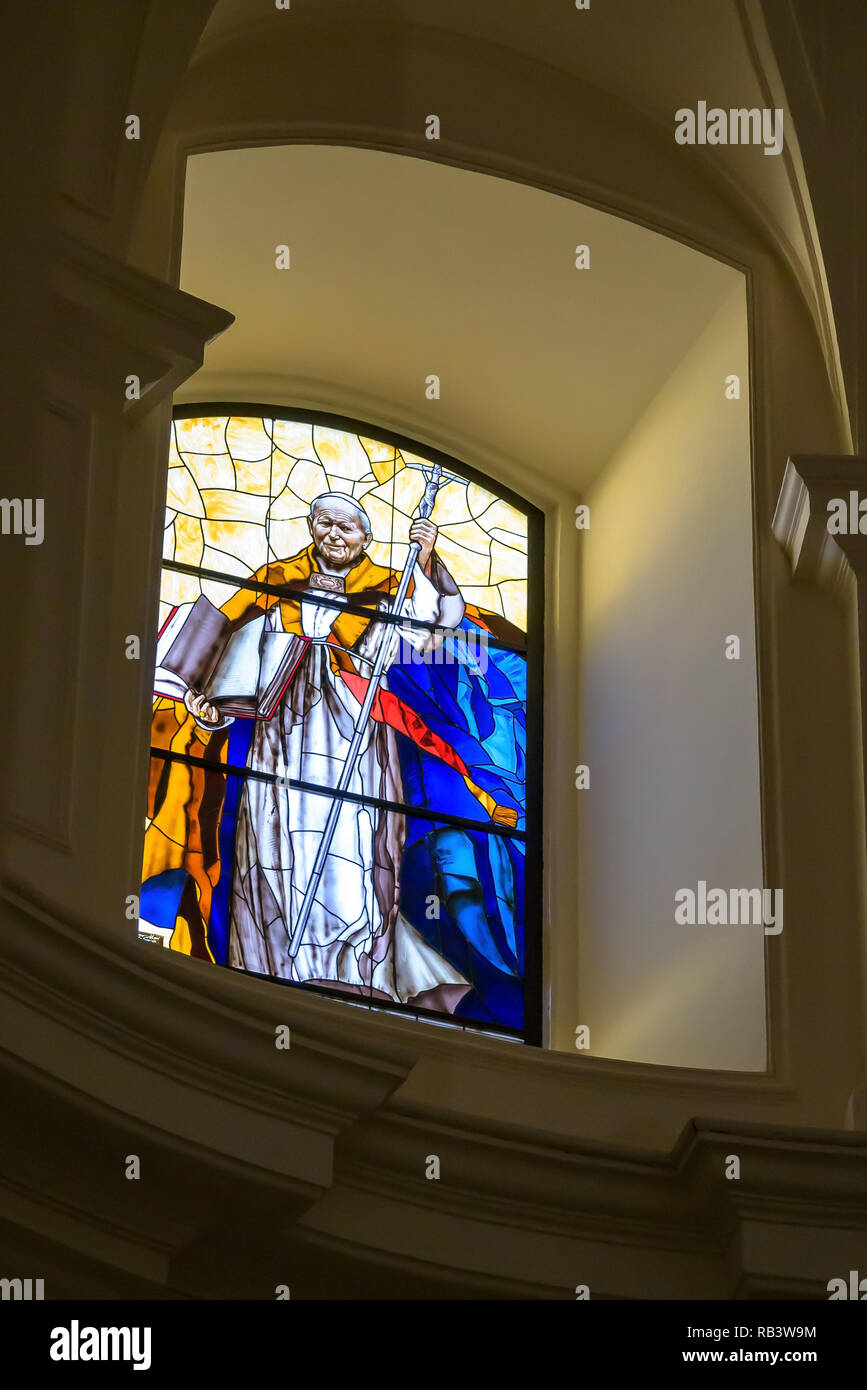 Noto, Sicily, Italy - August 23, 2017: Stained glass window with the image of John Paul II in the historic baroque cathedral called Basilica Minore di Stock Photo