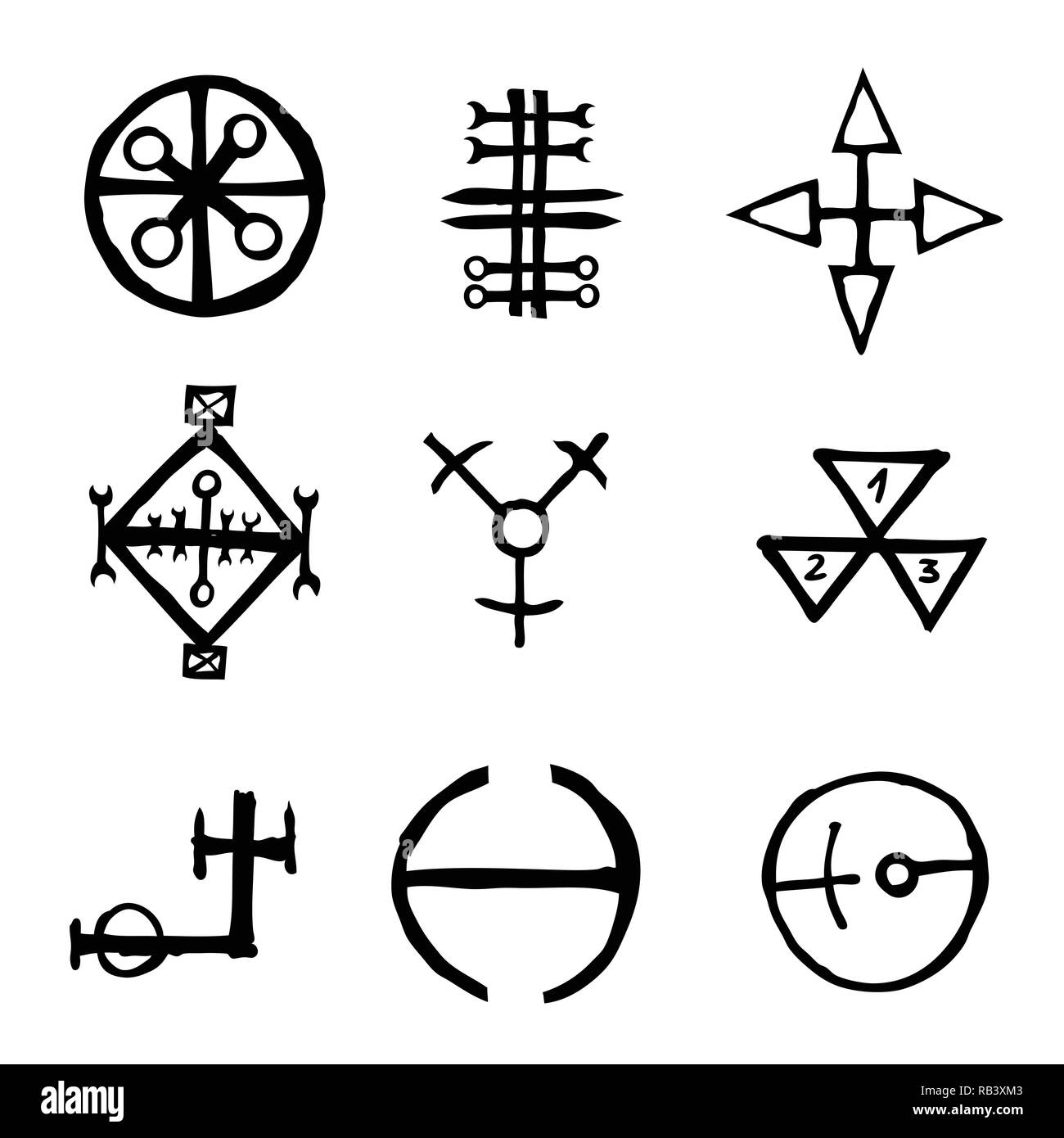 Set of icons and symbols letters inspired on the theme of magic and witch craft occult alchemy, mystic, esoteric religion and mason, isolated. Tattoos Stock Vector