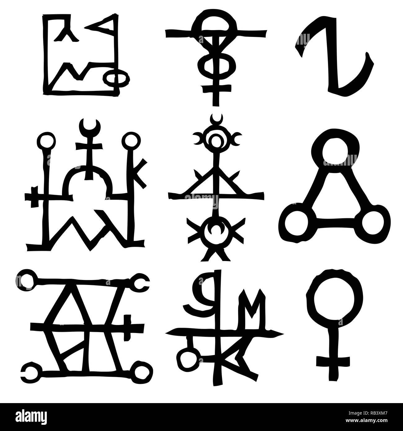 Set of icons and symbols letters inspired on the theme of magic and witch craft occult alchemy, mystic, esoteric religion and mason, isolated. Tattoos Stock Vector