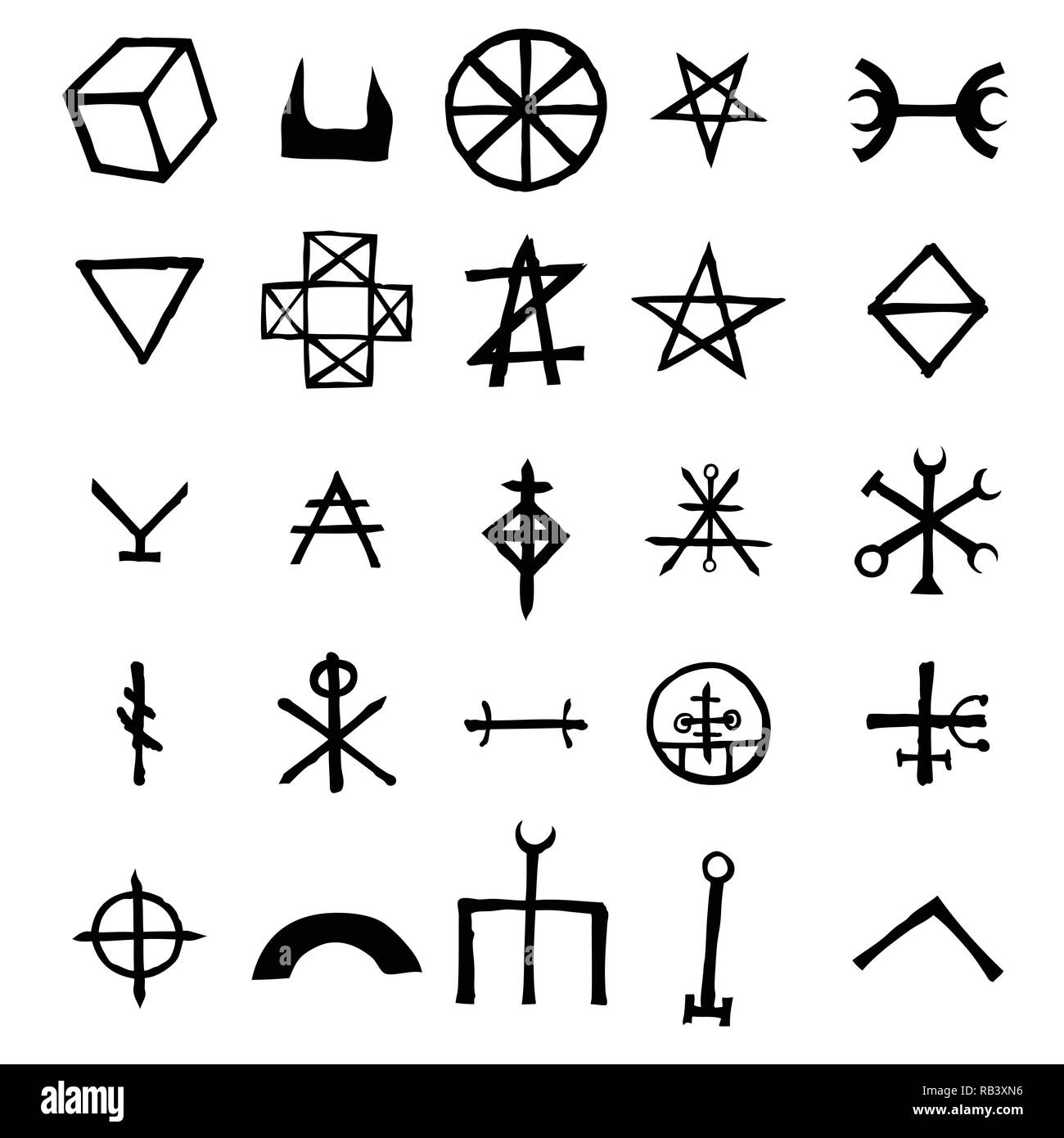 Mystic set with magic circles, pentagram and imaginary chakras symbols. Collection of icons with witchcraft and occult hand writing letters. Esoteric  Stock Vector