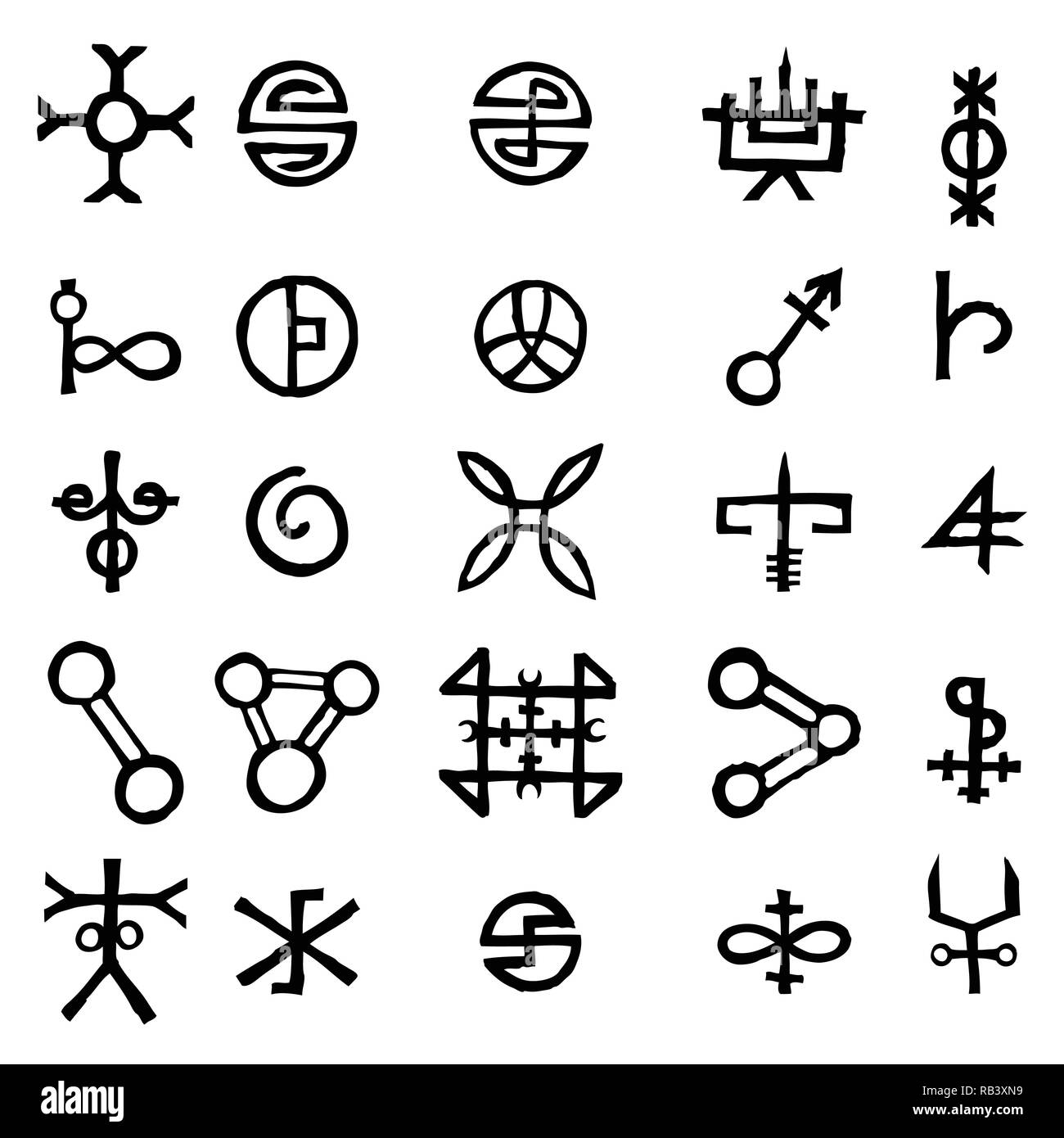 Mystic set with magic circles, pentagram and imaginary chakras symbols. Collection of icons with witchcraft and occult hand writing letters. Esoteric  Stock Vector