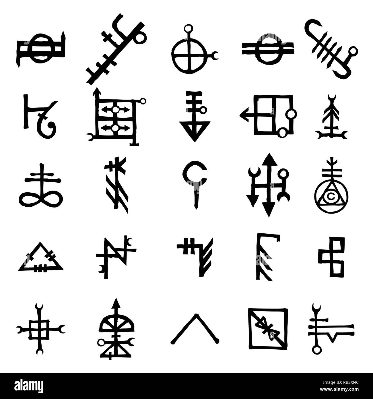 Set of alchemical symbols isolated on white background. Hand drawn and written elements for signs design. Inspiration by mystical, esoteric, occult th Stock Vector