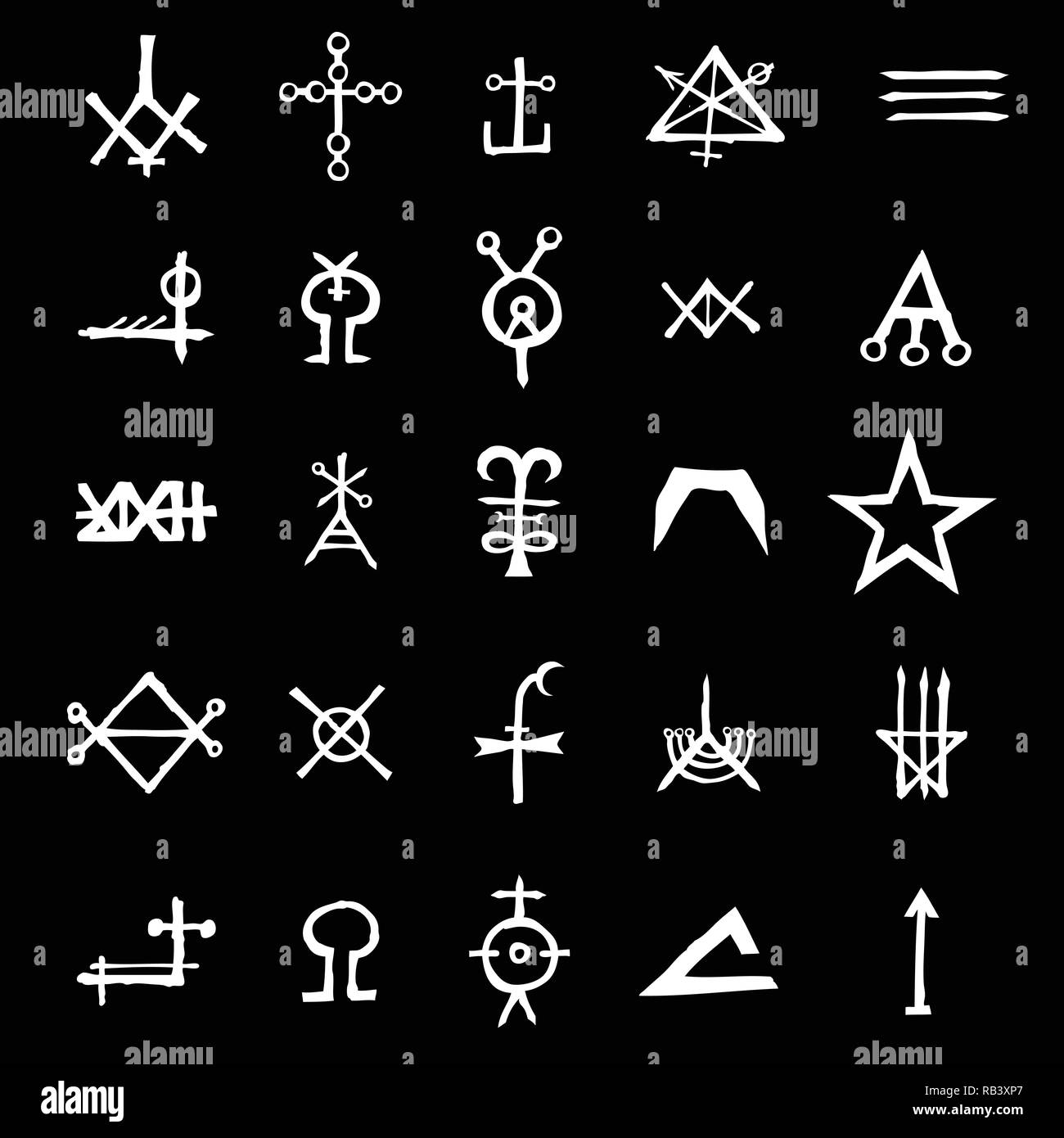 Set with mystic and occult symbols. Hand drawn and written alphabet signs. Spiritual masonic tattoo ideas. Vector. Stock Vector