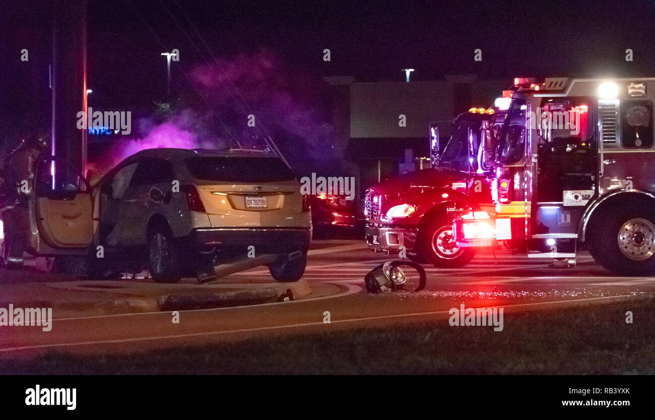 First responders working an auto accident scene in Winter Garden, Florida at the intersection of Marsh Road and Avalon Road. (USA) Stock Photo