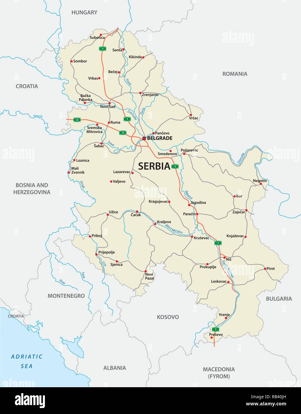 detailed Serbia road vector map with labeling Stock Vector