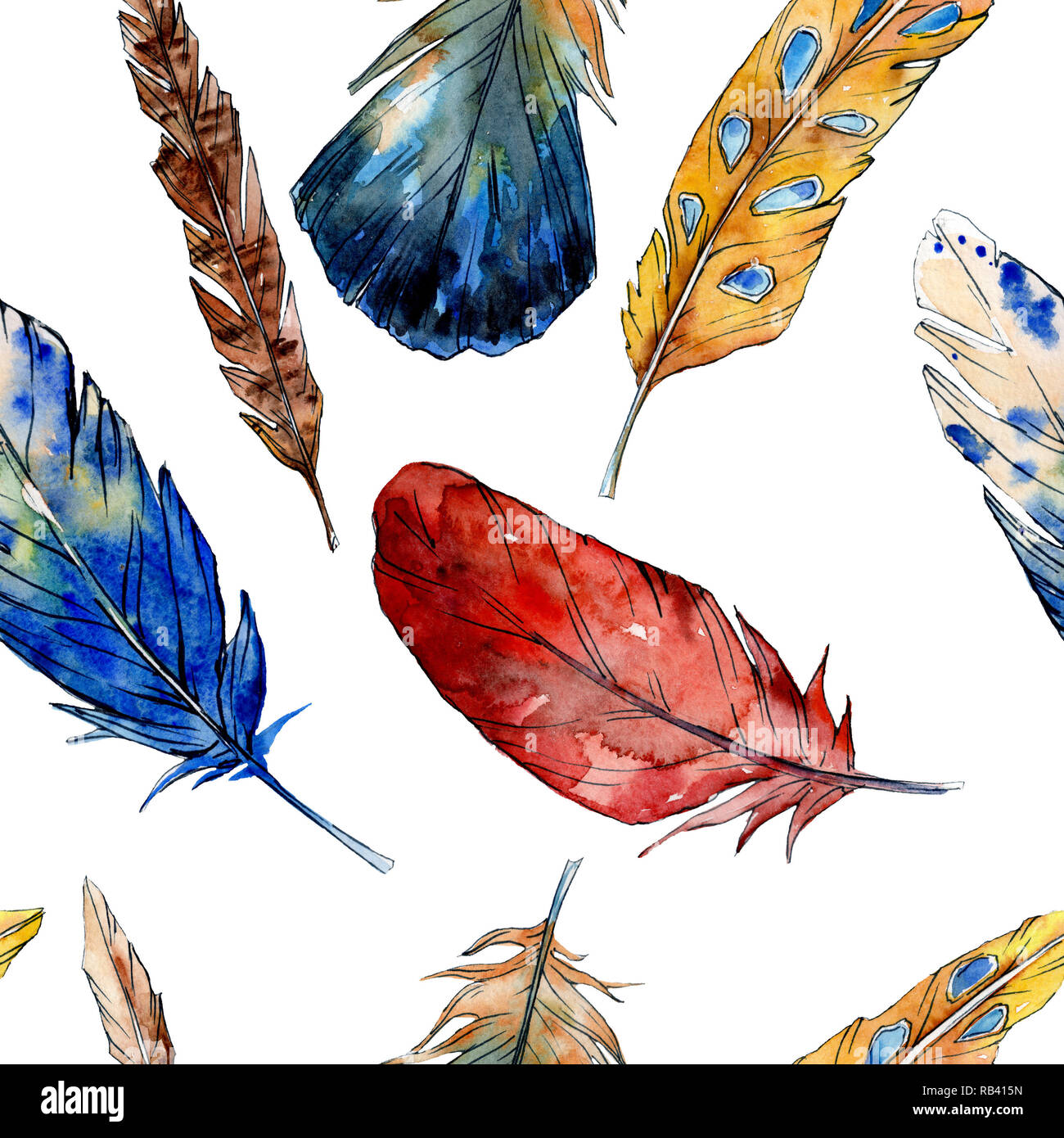 Watercolor bird feather from wing isolated. Seamless background pattern ...