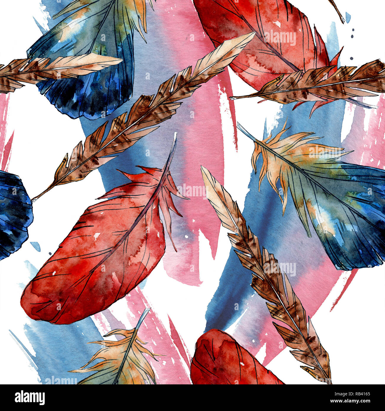 Watercolor bird feather from wing isolated. Seamless background pattern ...