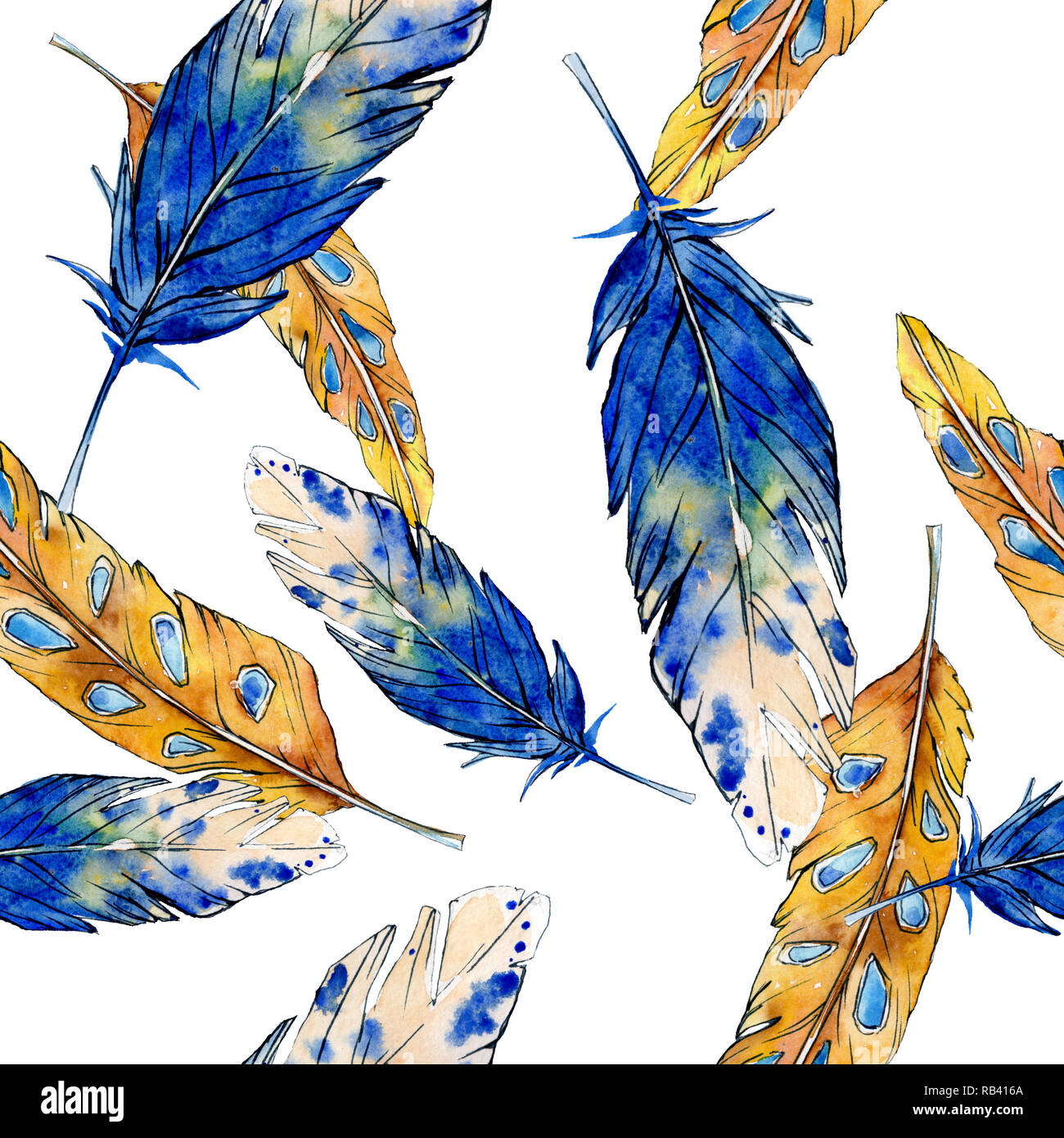 Watercolor bird feather from wing isolated. Seamless background pattern ...