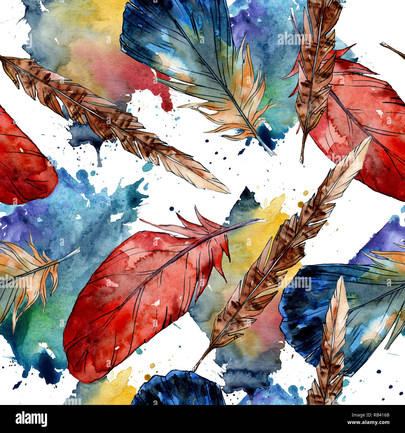 Watercolor bird feather from wing isolated. Seamless background pattern ...