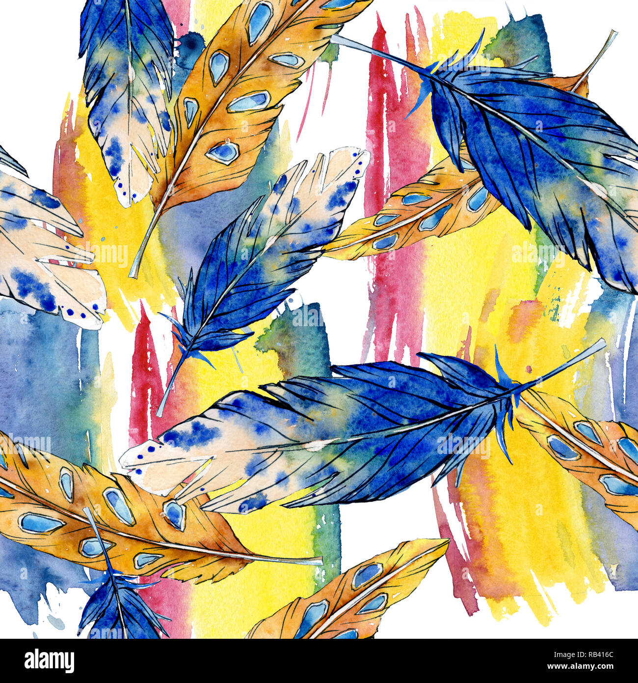 Watercolor bird feather from wing isolated. Seamless background pattern ...