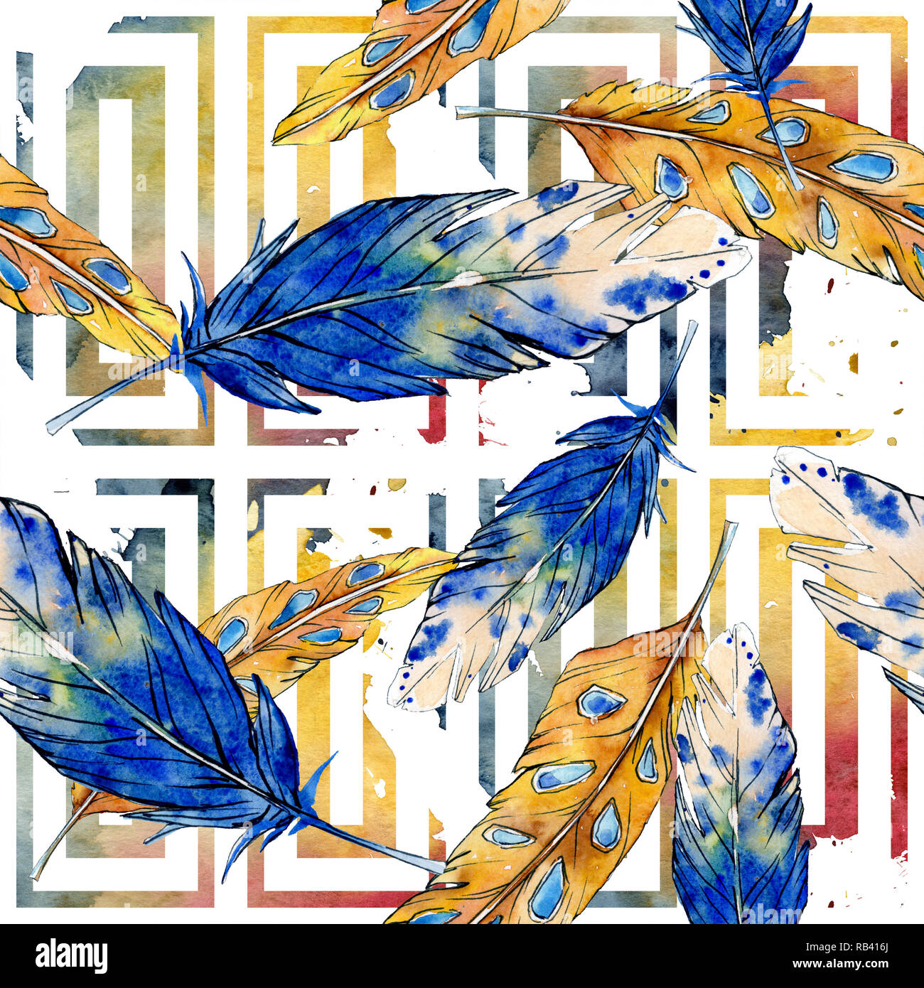 Watercolor bird feather from wing isolated. Seamless background pattern ...